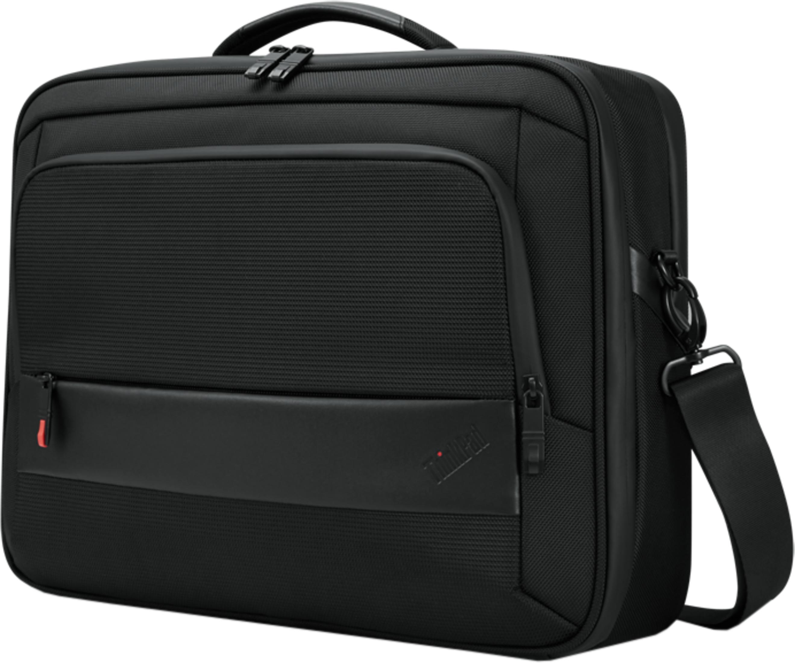 Borsa nera per laptop con manico e tracolla.