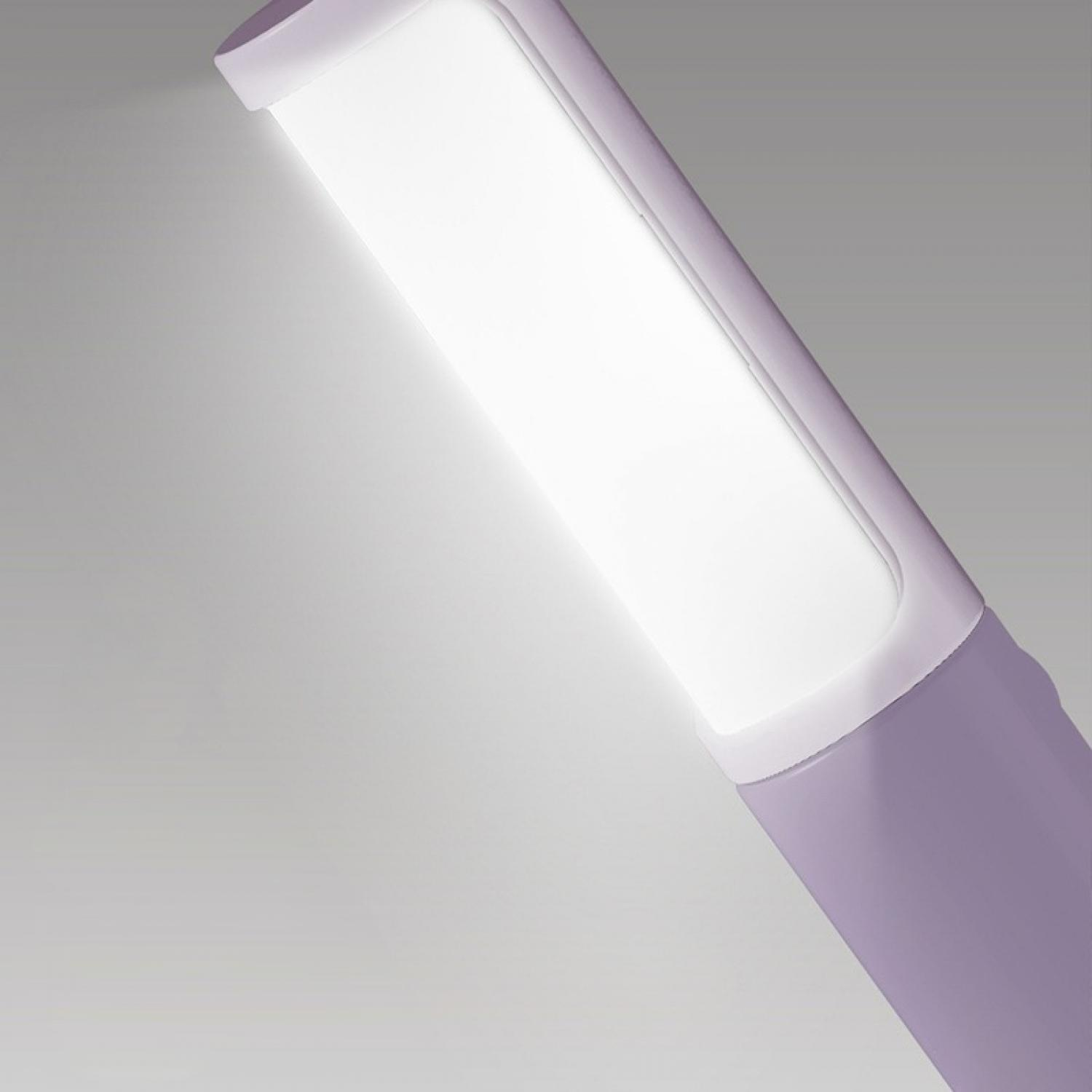 Ein lila und weies LED-Licht mit hellem Schein auf grauem Hintergrund.