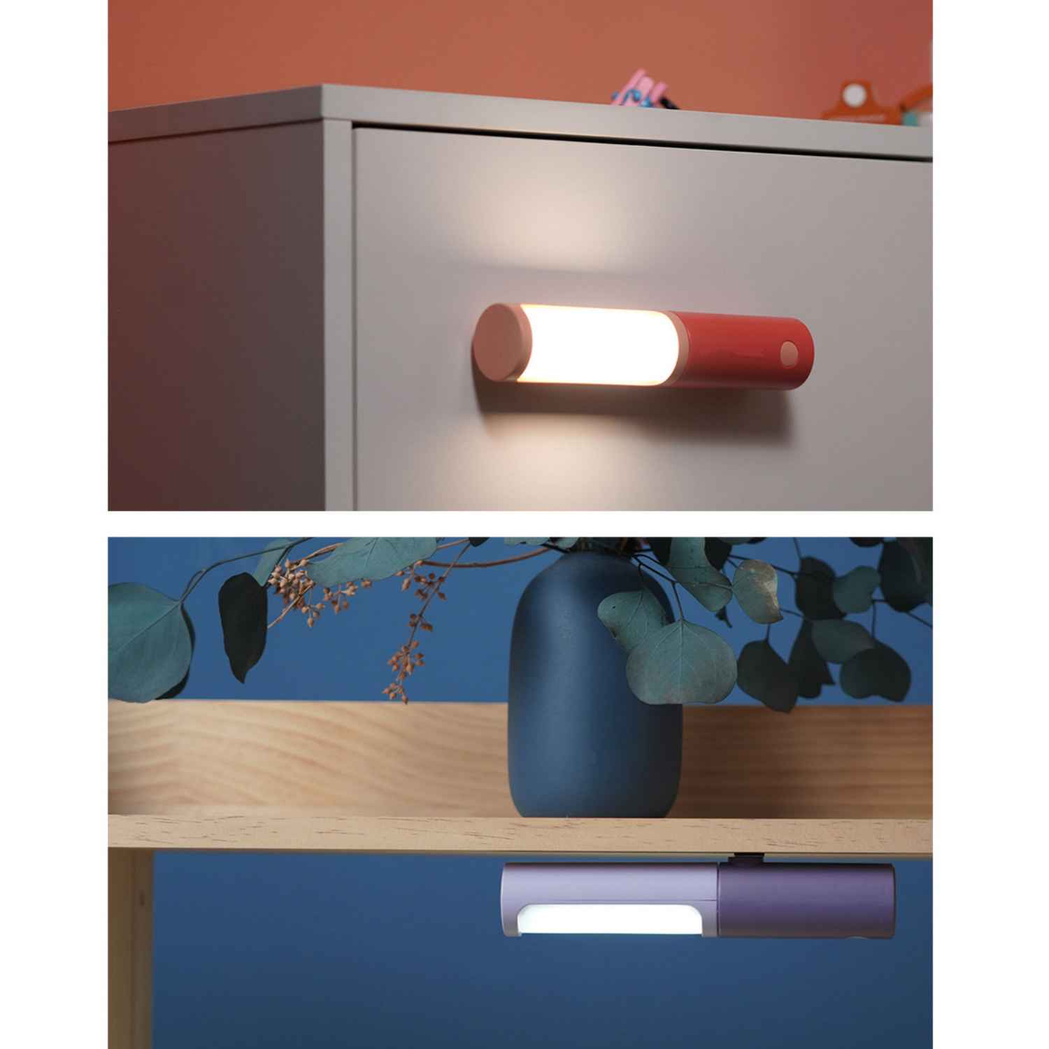 Zwei tragbare LED-Leuchten: eine rote an einem grauen Schrank, eine lila unter einem Holzregal.