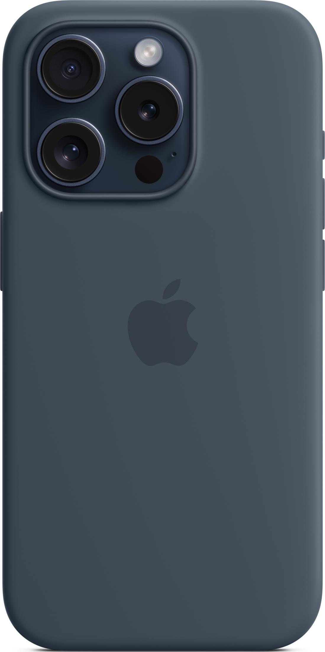 Dunkelblaue Hülle für ein Smartphone mit einem Apple-Logo und drei Kameras.