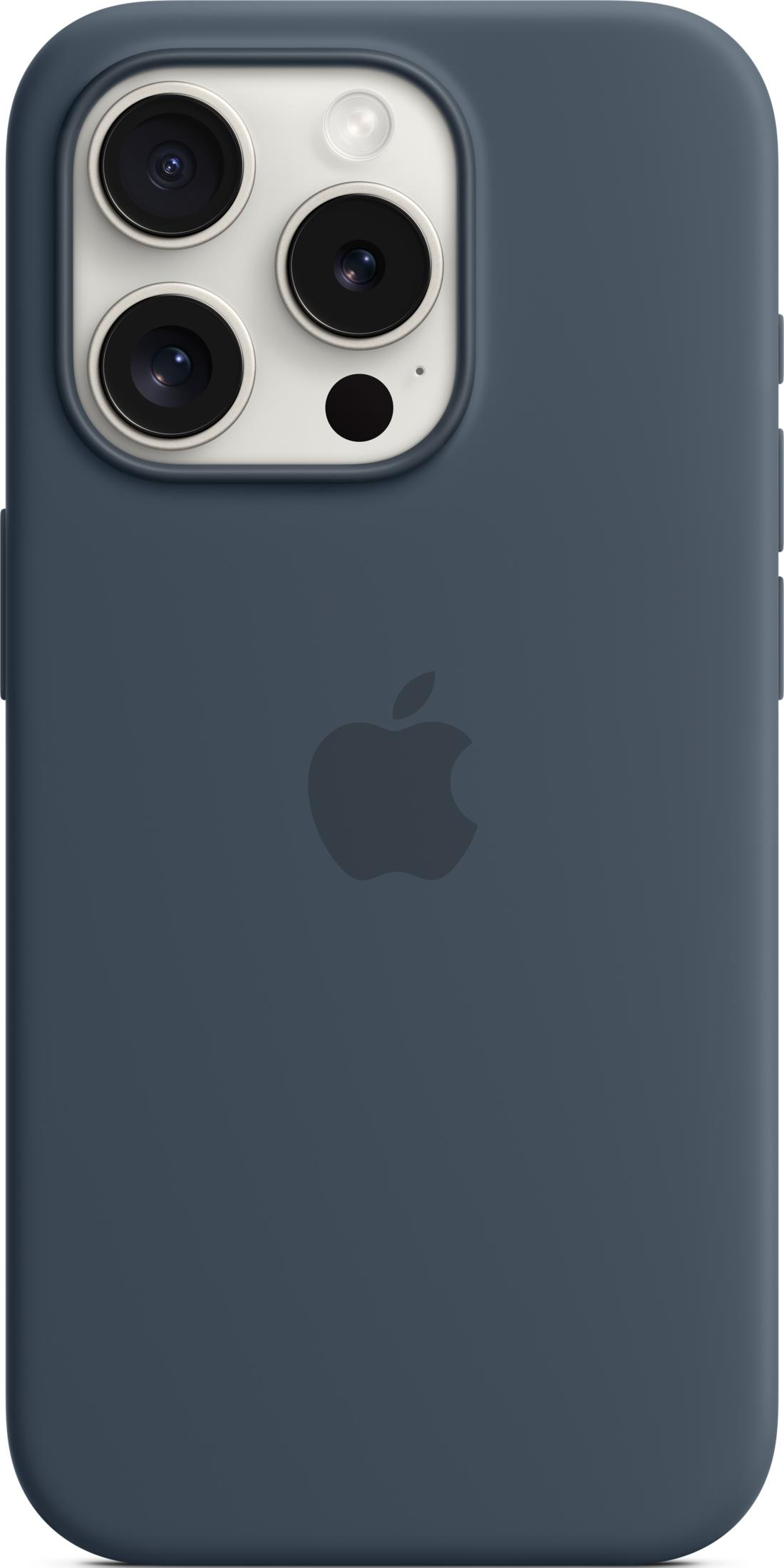 Dunkelblauer iPhone-Hülle mit Apple-Logo und drei Kameras.