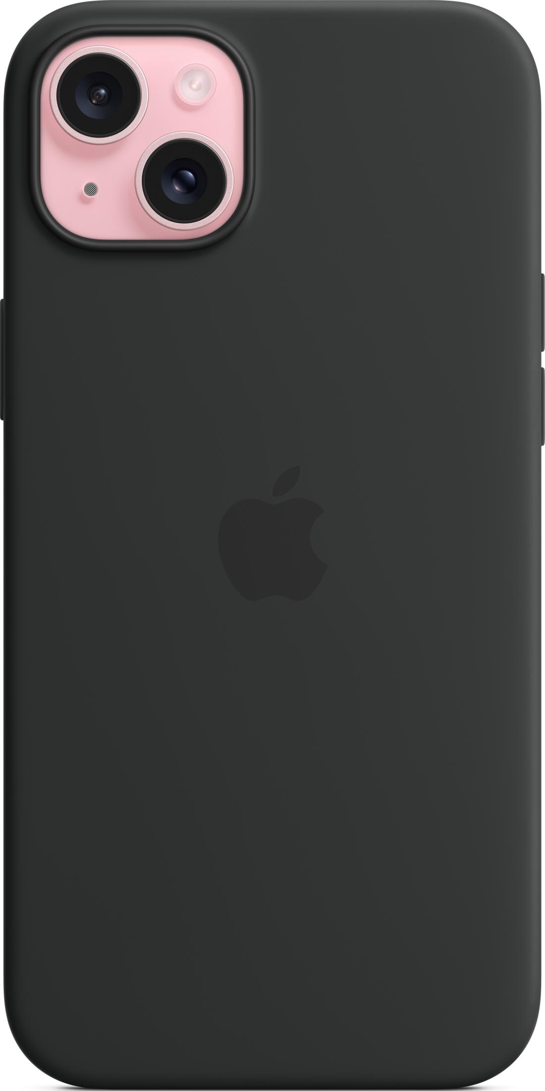 Coque de téléphone noire avec logo Apple et découpe caméra.