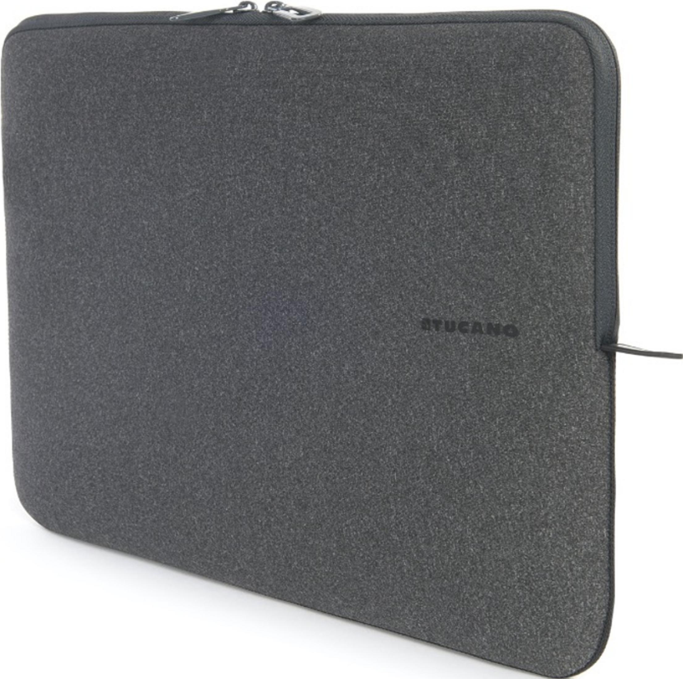 Custodia grigia scura per laptop in feltro con cerniera e logo.