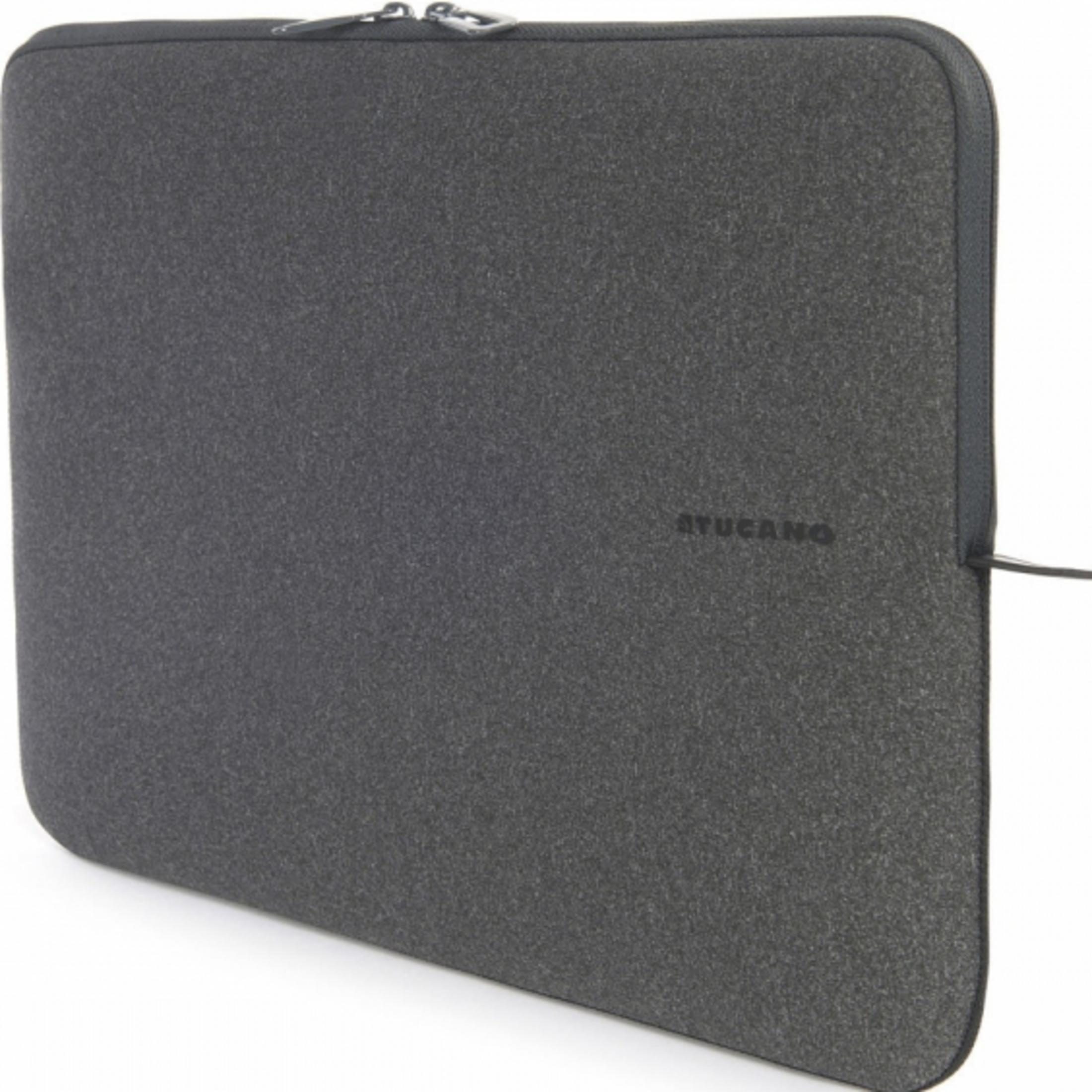 Custodia grigia scura per laptop con cerniera e logo discreto.