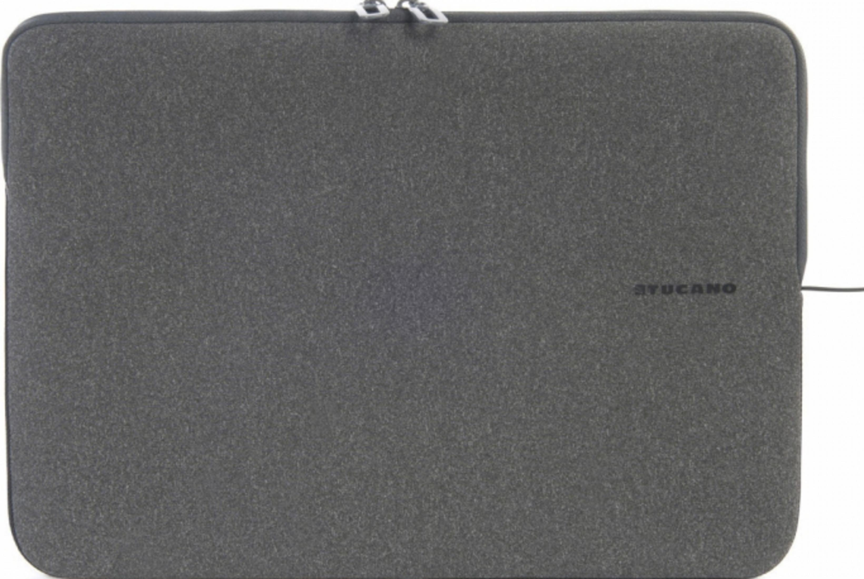 Custodia grigia per laptop con cerniera in alto e logo Tucano.
