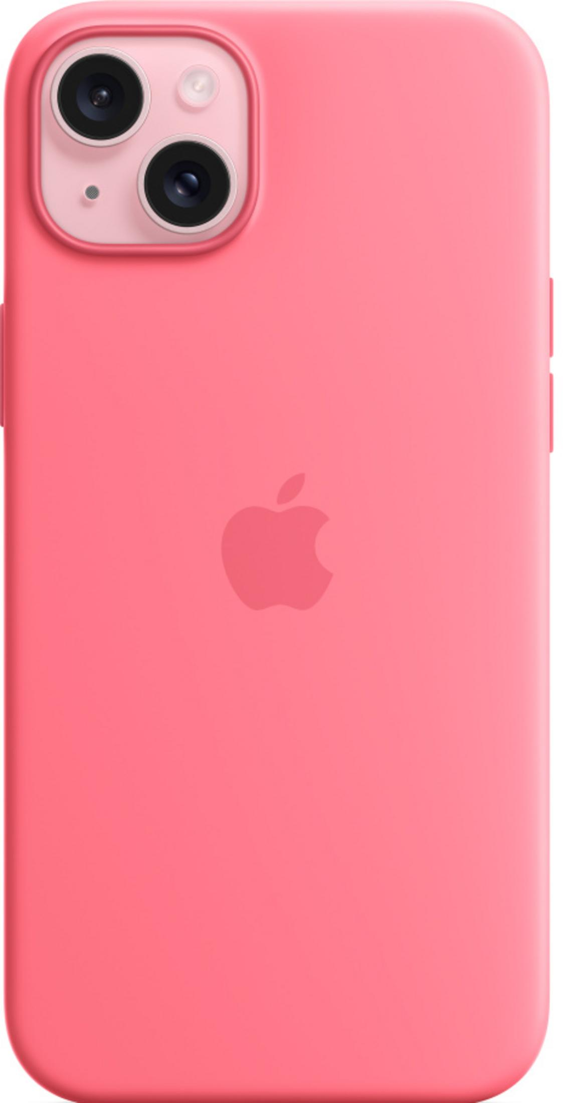 Roze iPhone hoesje met dubbele cameralens en Apple logo.