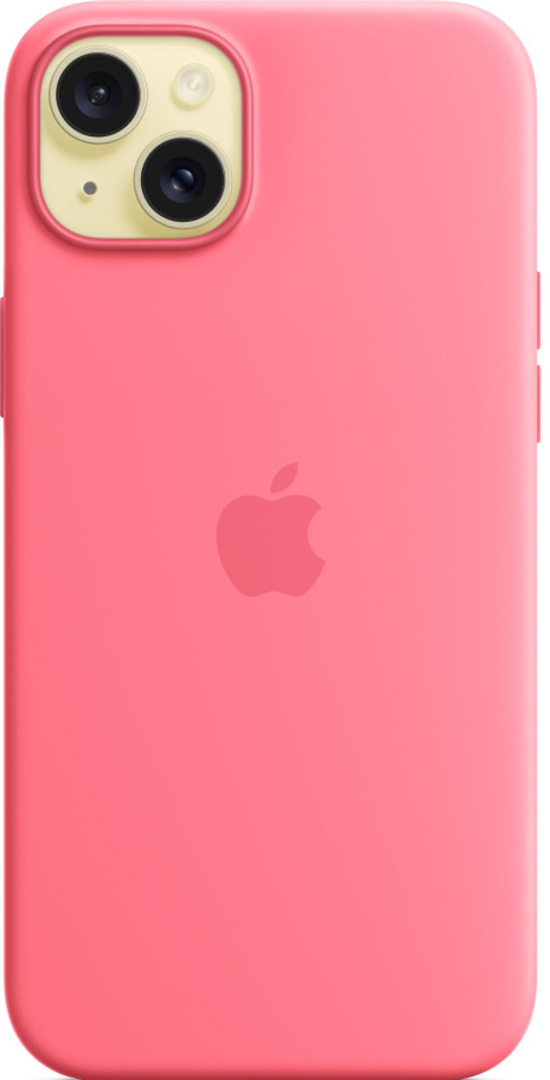 Een roze telefoonhoes met Apple-logo en camera-uitsparing.