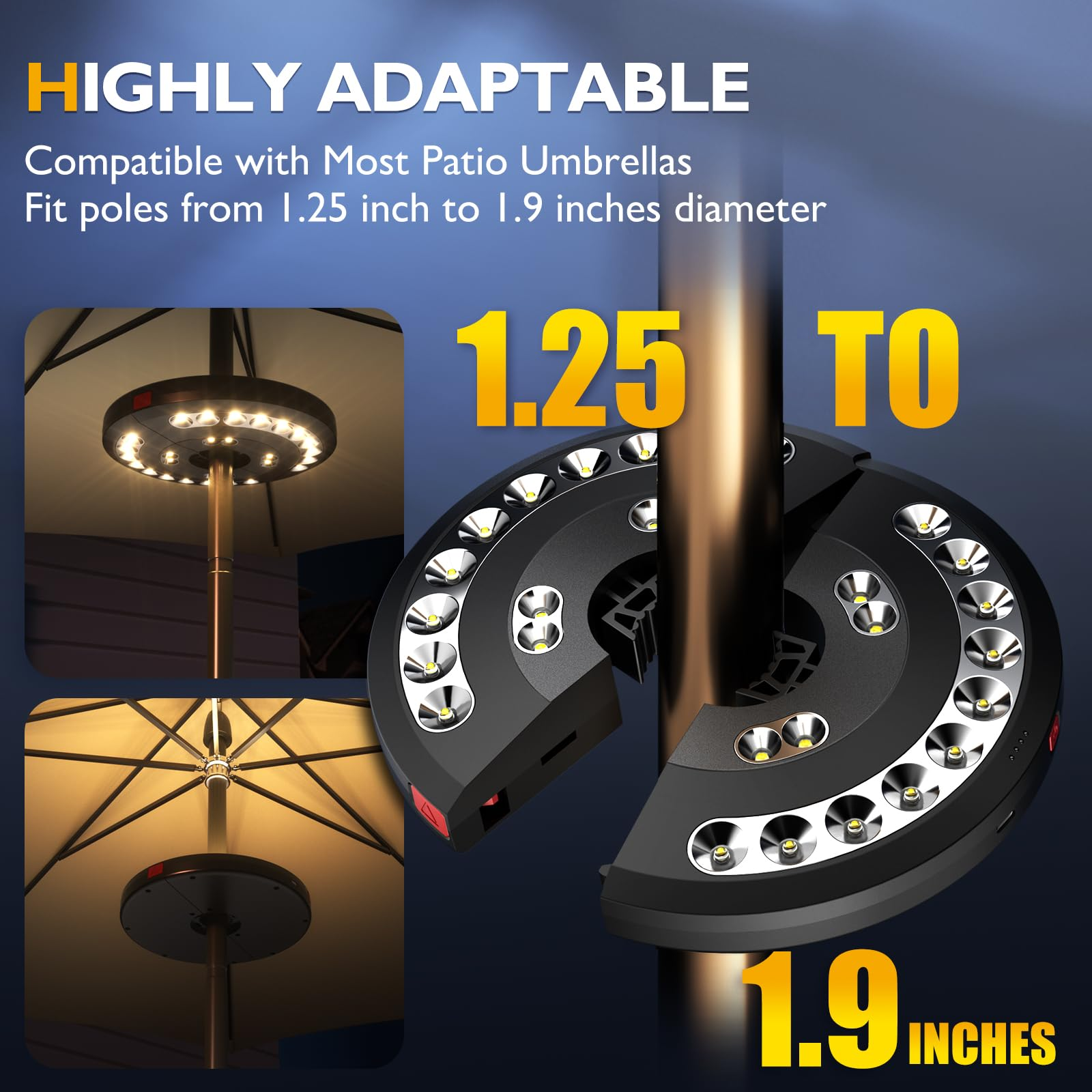 Ein schwarzer Lampenring mit LEDs, der an einem Sonnenschirmmast befestigt ist.