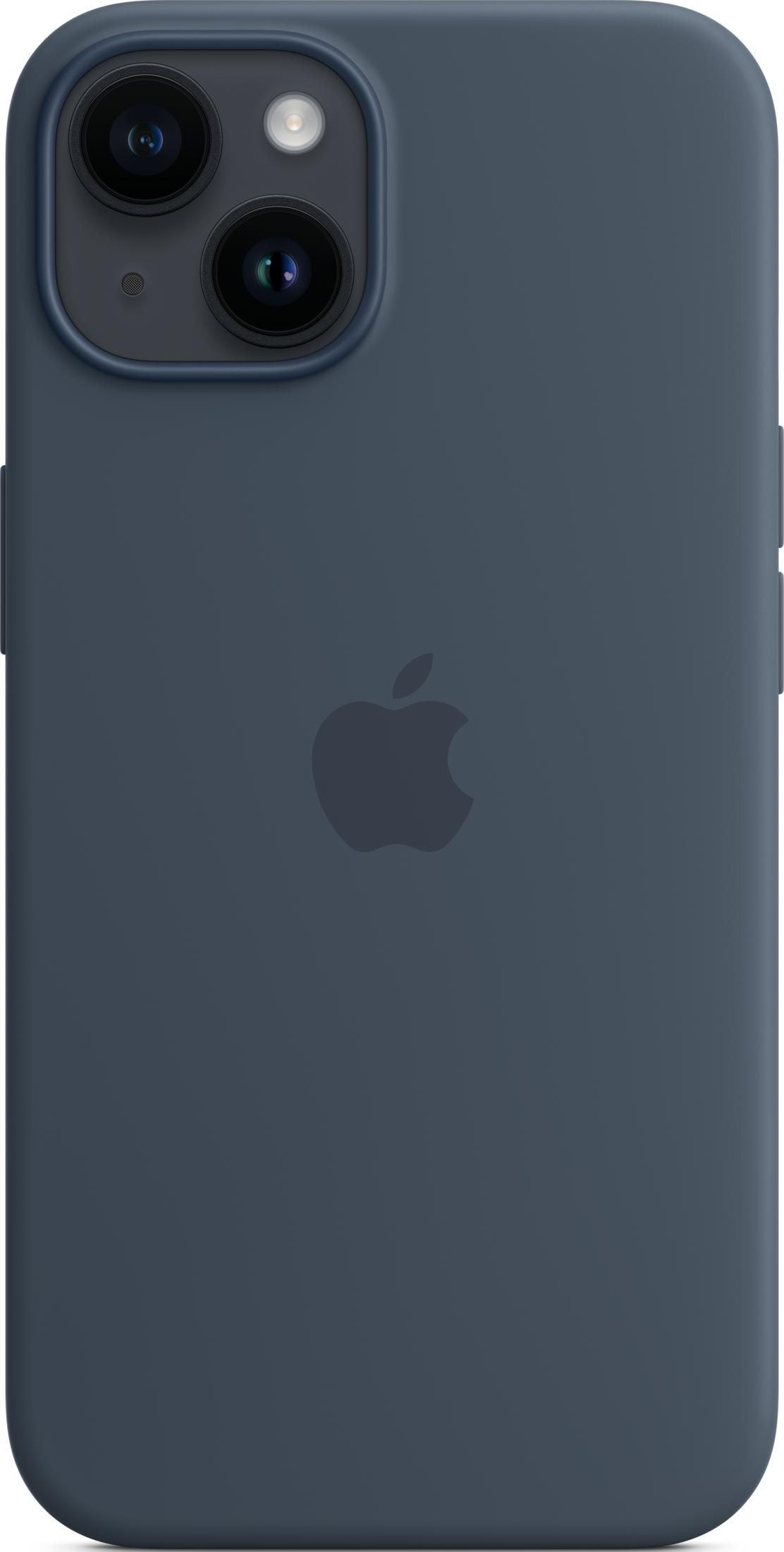 Retro di un iPhone blu con due fotocamere e logo Apple.