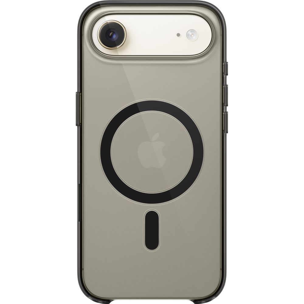 Una cover trasparente per telefono con modulo fotocamera dorato e anello magnetico nero.