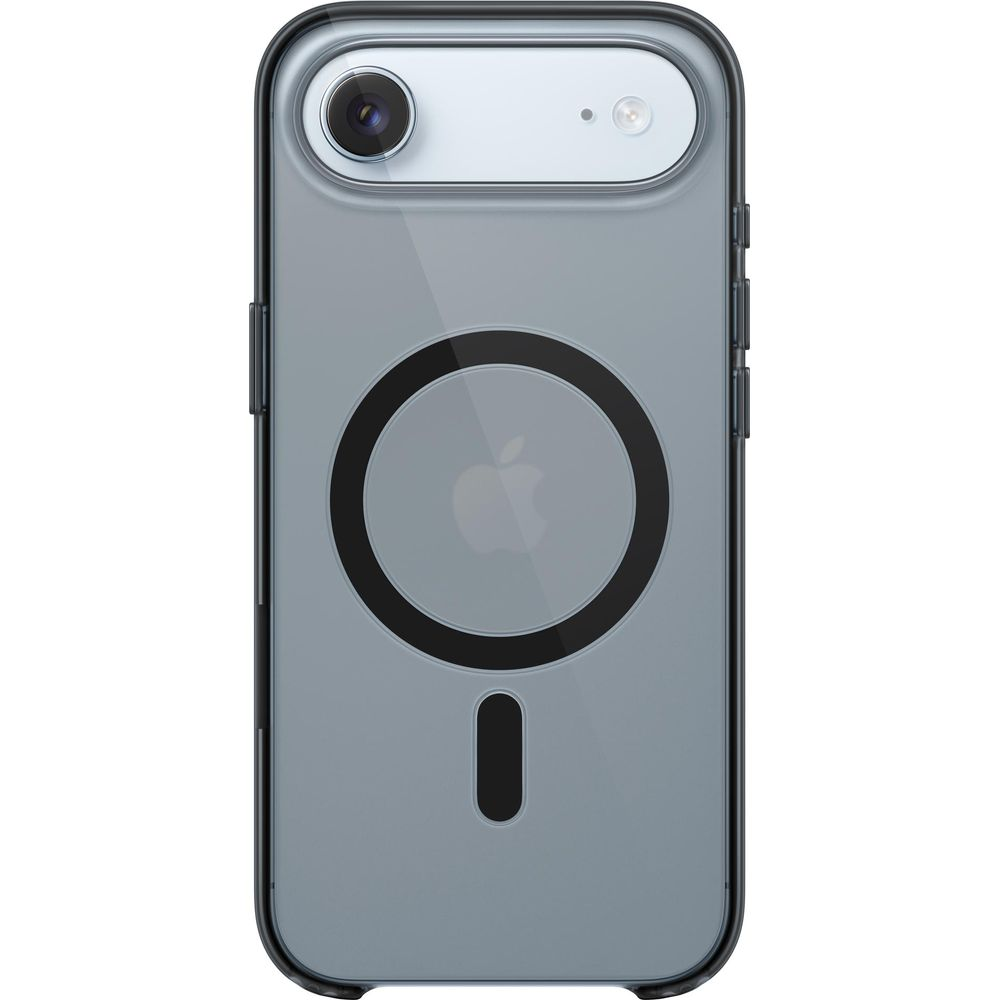 Custodia trasparente per telefono con logo Apple e anello magnetico. Bordo grigio.