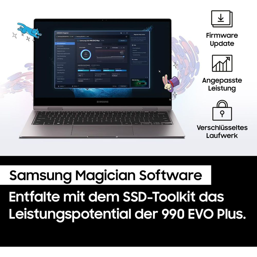 Oprogramowanie Samsung Magician na laptopie, pokazuje aktualizację firmware i wydajność.