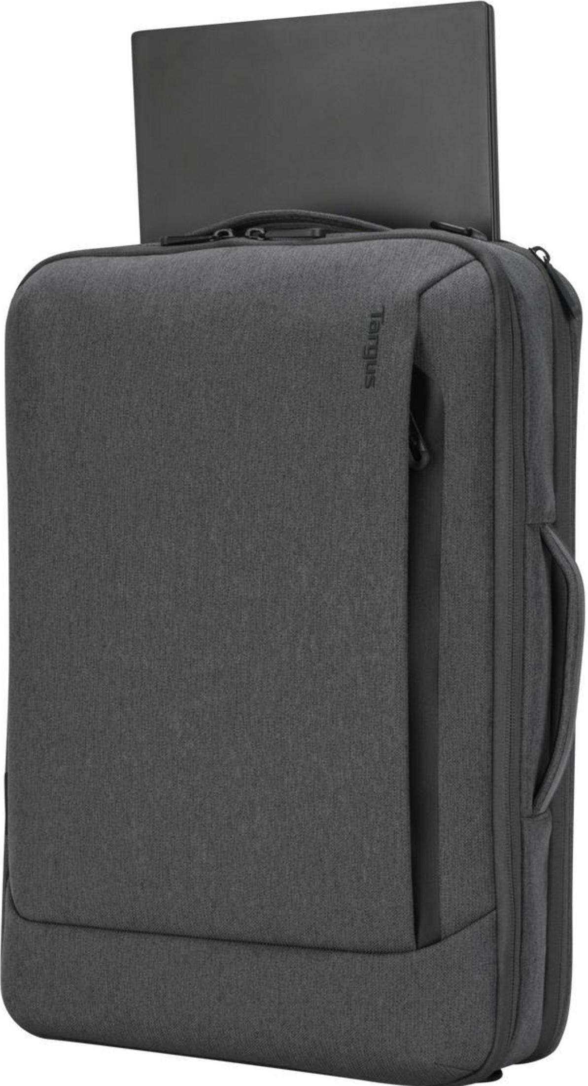 Grauer Targus Rucksack mit einem Laptop, der oben eingesetzt ist.