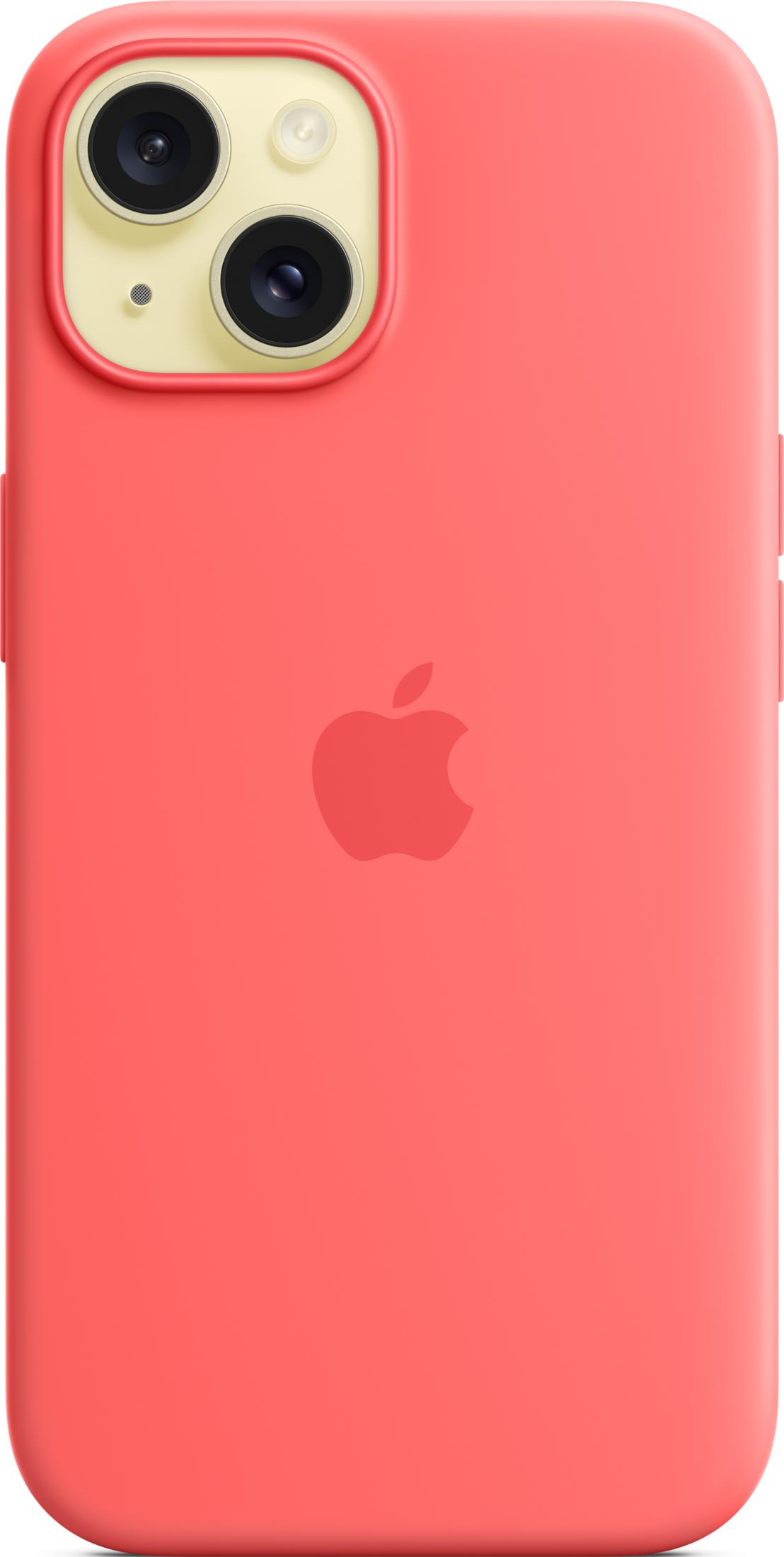Czerwone etui na iPhone z logo Apple i wycięciem na aparat z tyłu.