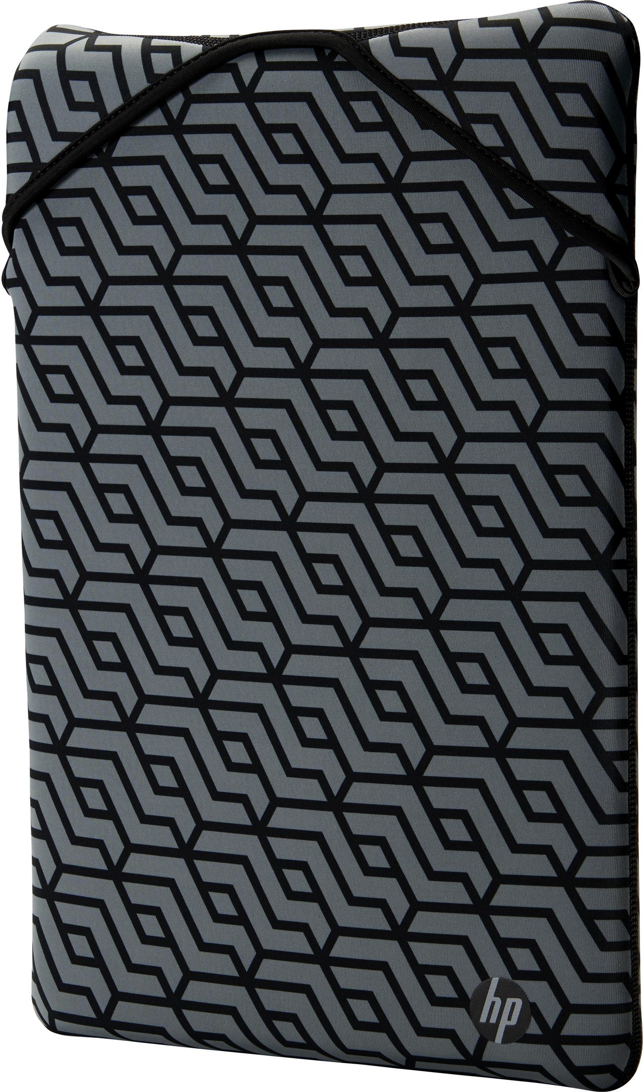 Graue Laptoptasche mit schwarzem geometrischem Muster und HP-Logo.