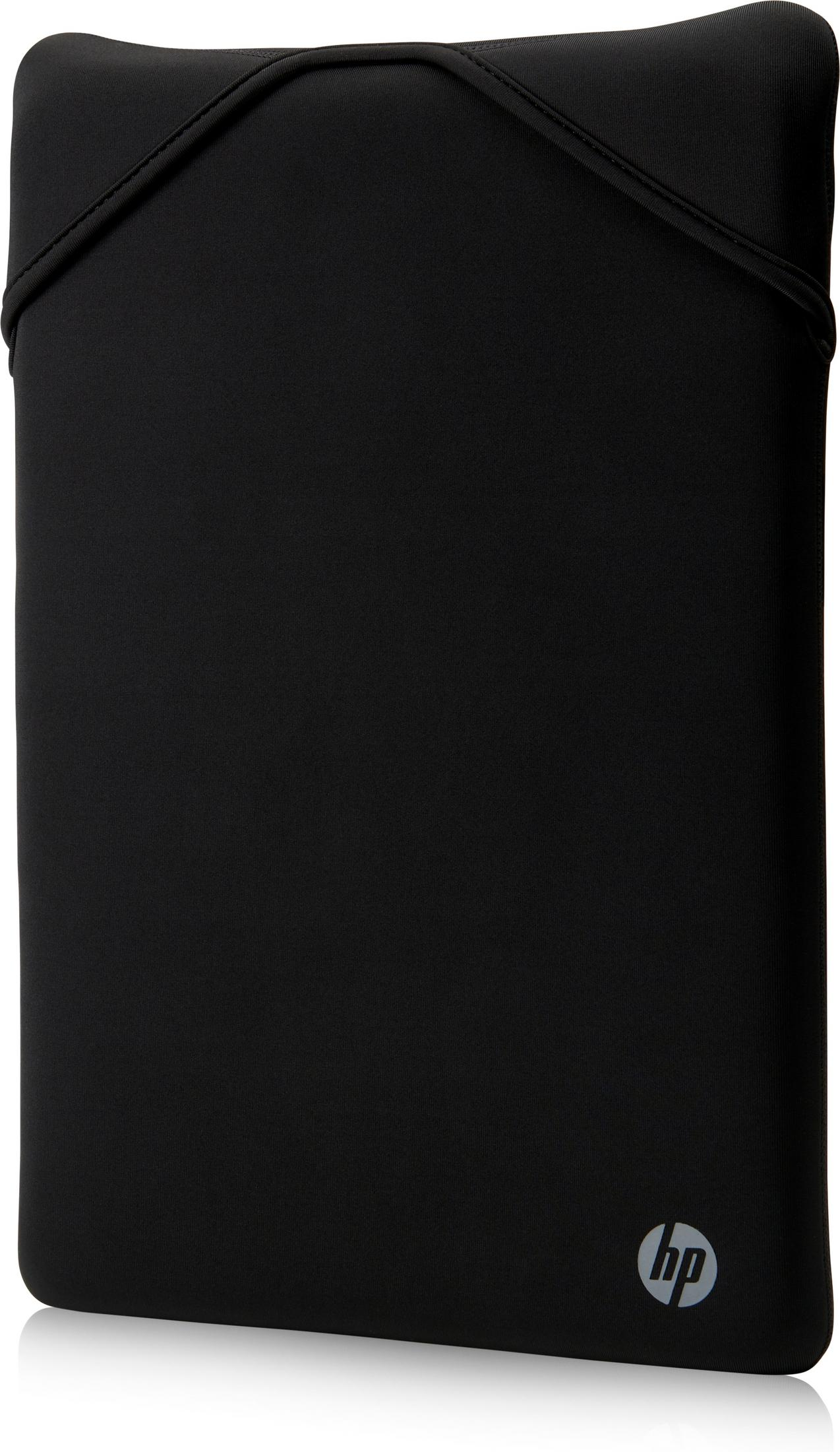 Schwarze Laptoptasche mit HP-Logo und Nähten.
