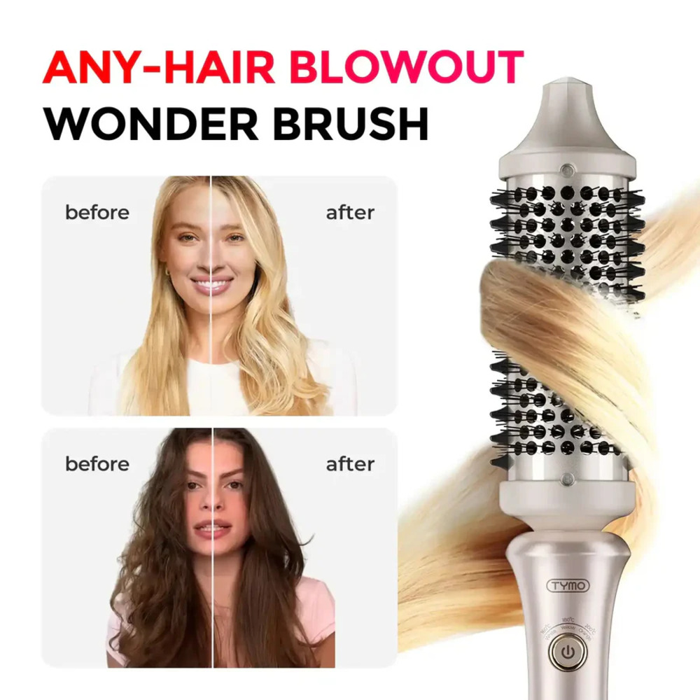 Vorher/Nachher-Bilder von zwei Frauen und einem Styling-Tool mit blondem Haar.