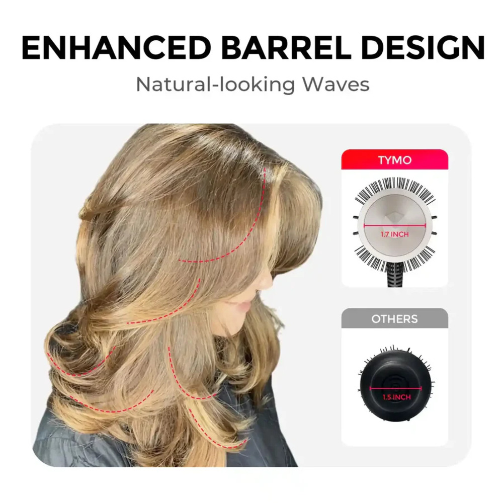 Eine Frau mit langen, welligen Haaren und ein Vergleich von Haarbürsten.