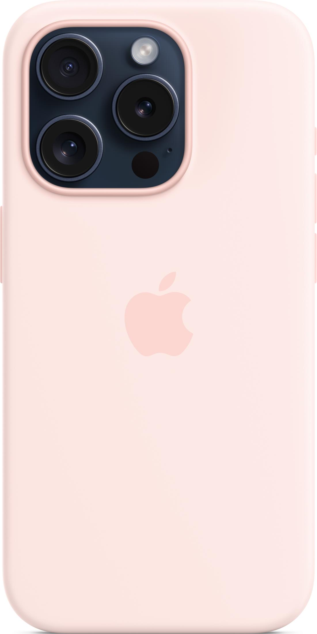 Un iPhone rose pâle avec un triple appareil photo et un logo Apple.