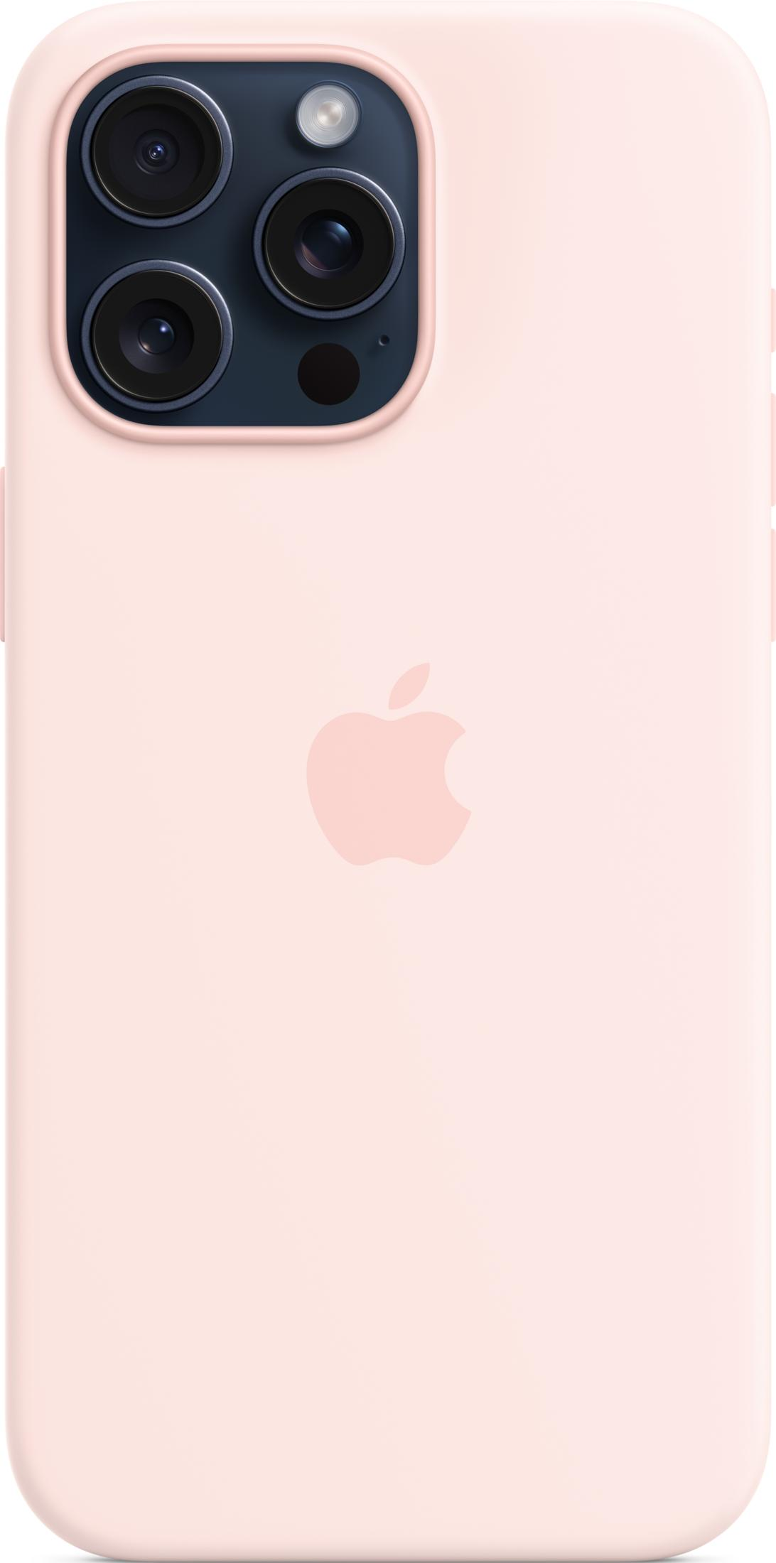 A pink iPhone case with Apple logo and camera system at the top.