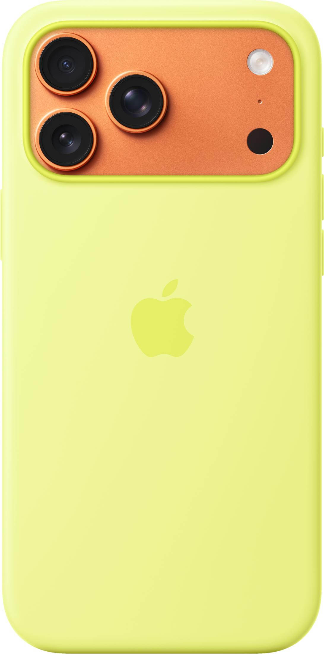 Ein hellgelbes iPhone mit einem orangefarbenen Kamerabereich und drei Linsen.