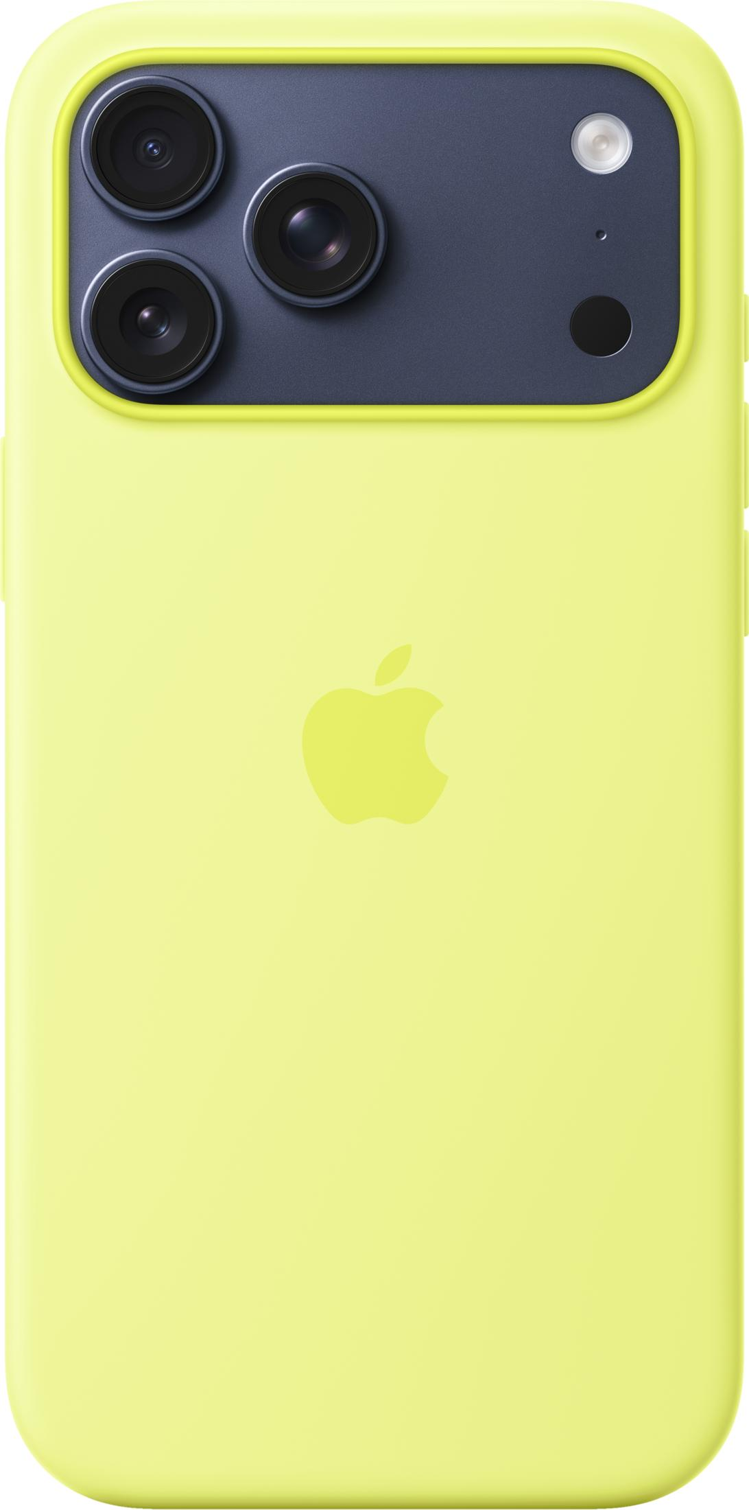 Ein gelbes iPhone mit einem dunklen Kameramodul und drei Linsen.