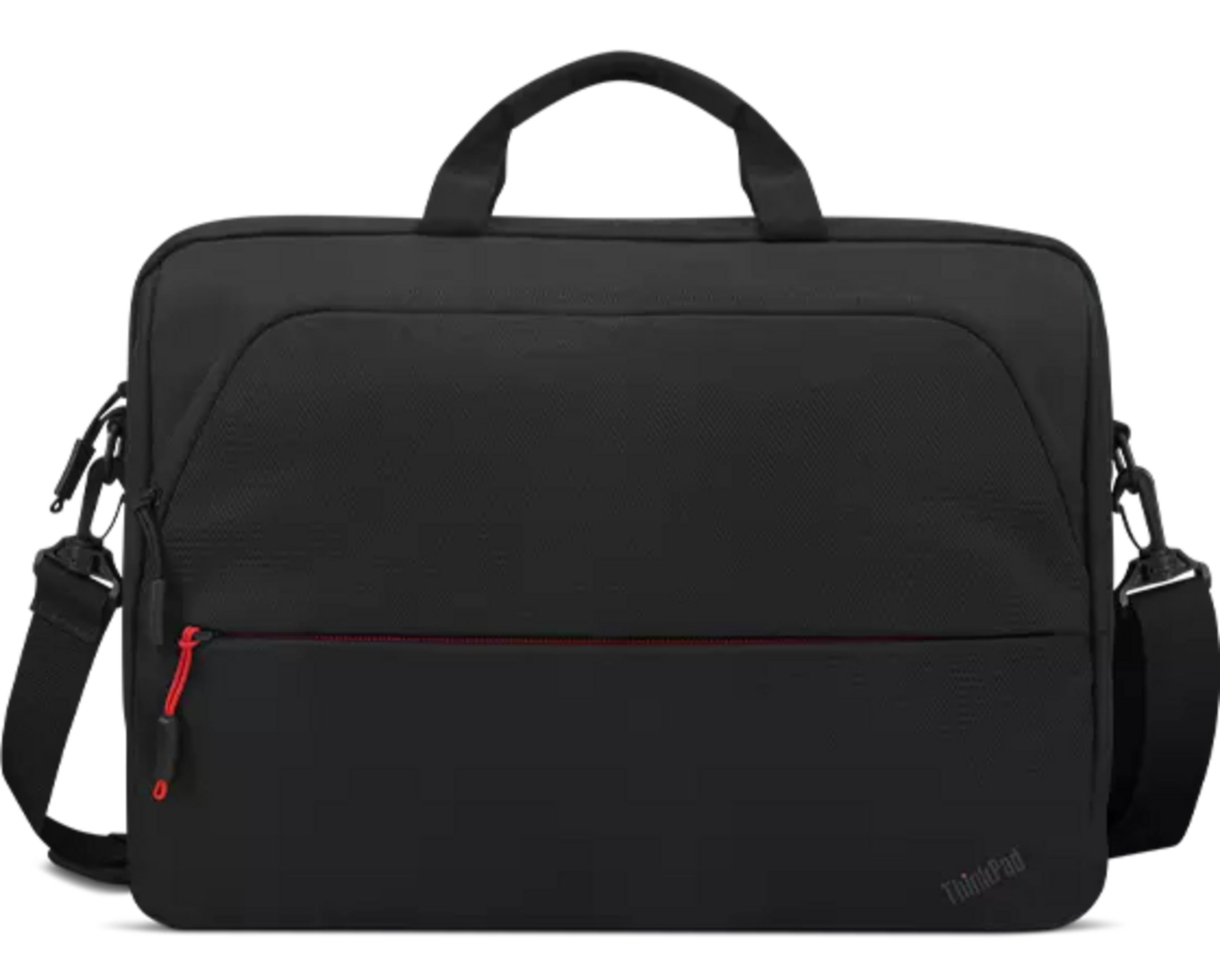 Borsa nera per laptop con zip rossa e manico.