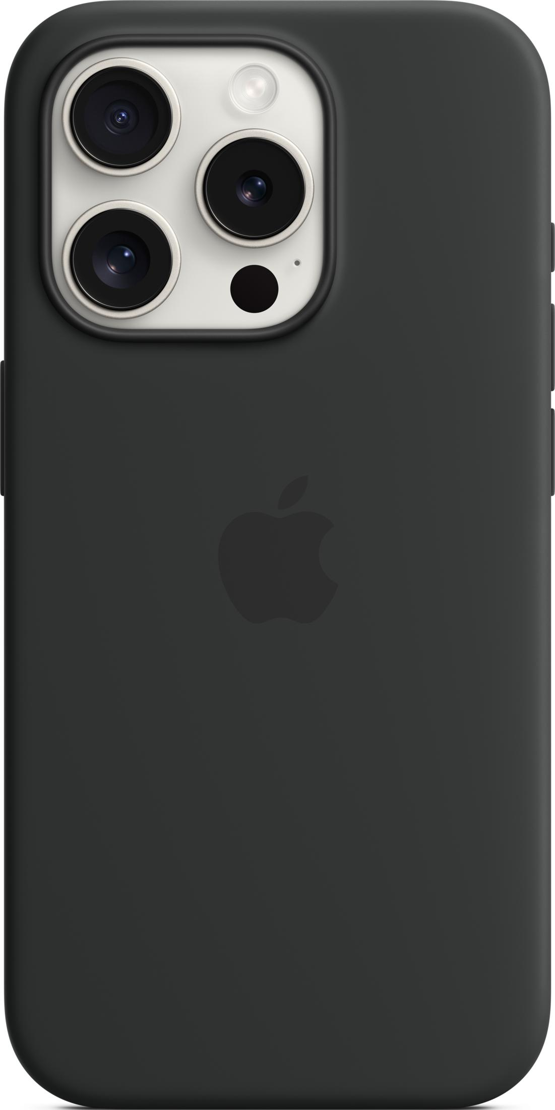Dark gray iPhone case with Apple logo and triple camera array.