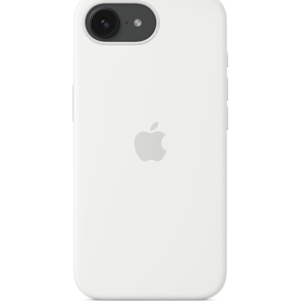 Funda blanca para teléfono con logo de Apple y recorte de cámara.
