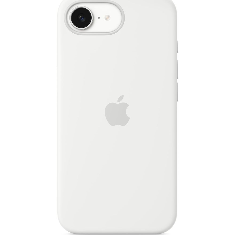 Funda blanca para smartphone con logo de Apple y recorte de cámara.