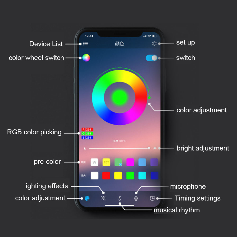 Eine Smartphone-App zeigt ein Farbrad zur Farbauswahl, RGB-Werte und Helligkeitsregler.