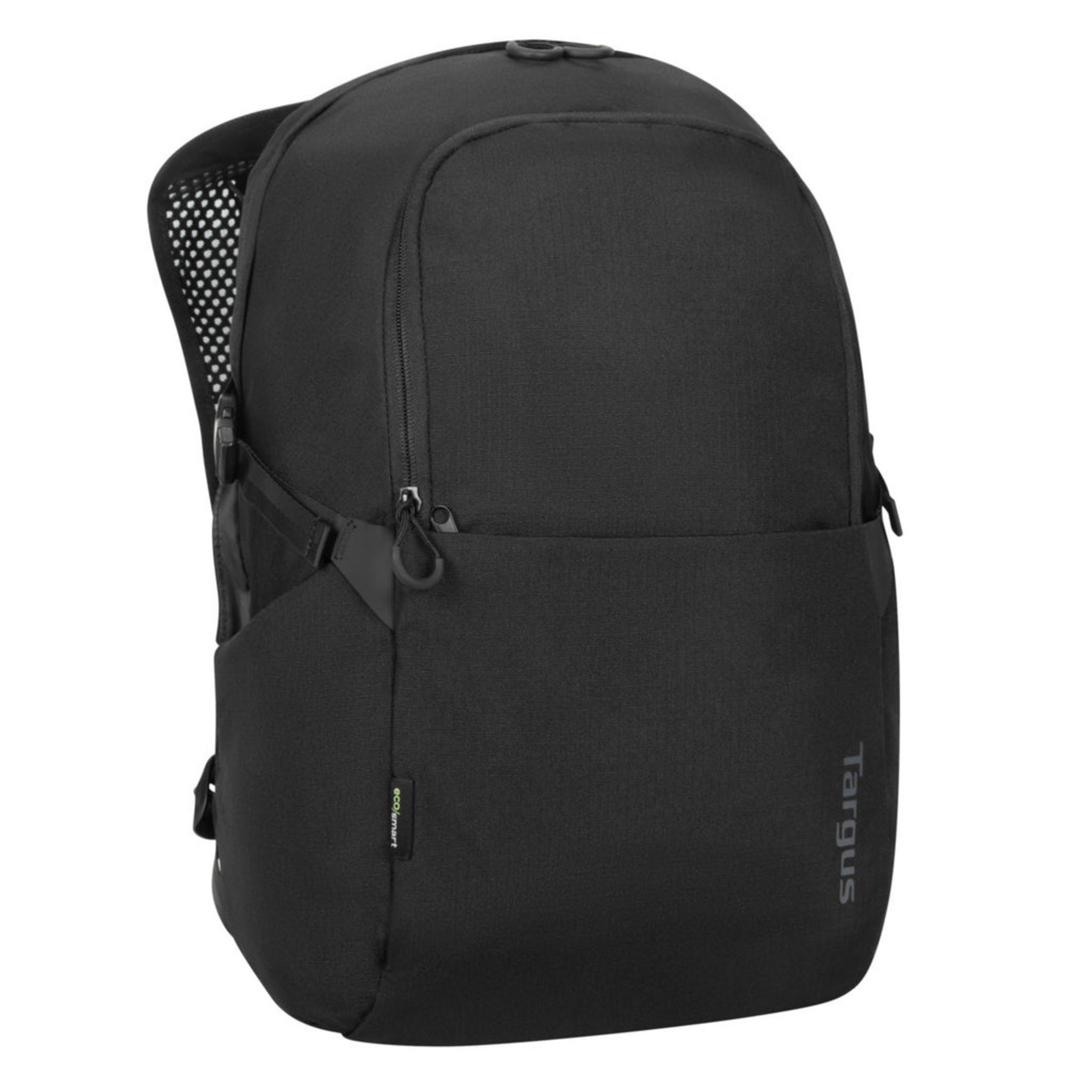 Mochila negra con bolsillo con cremallera y logo de Targus.