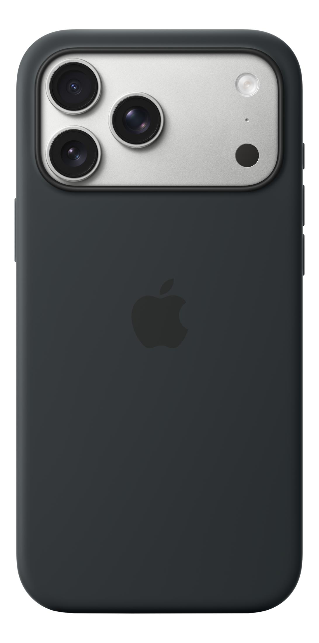 Black iPhone case with triple camera and Apple logo.