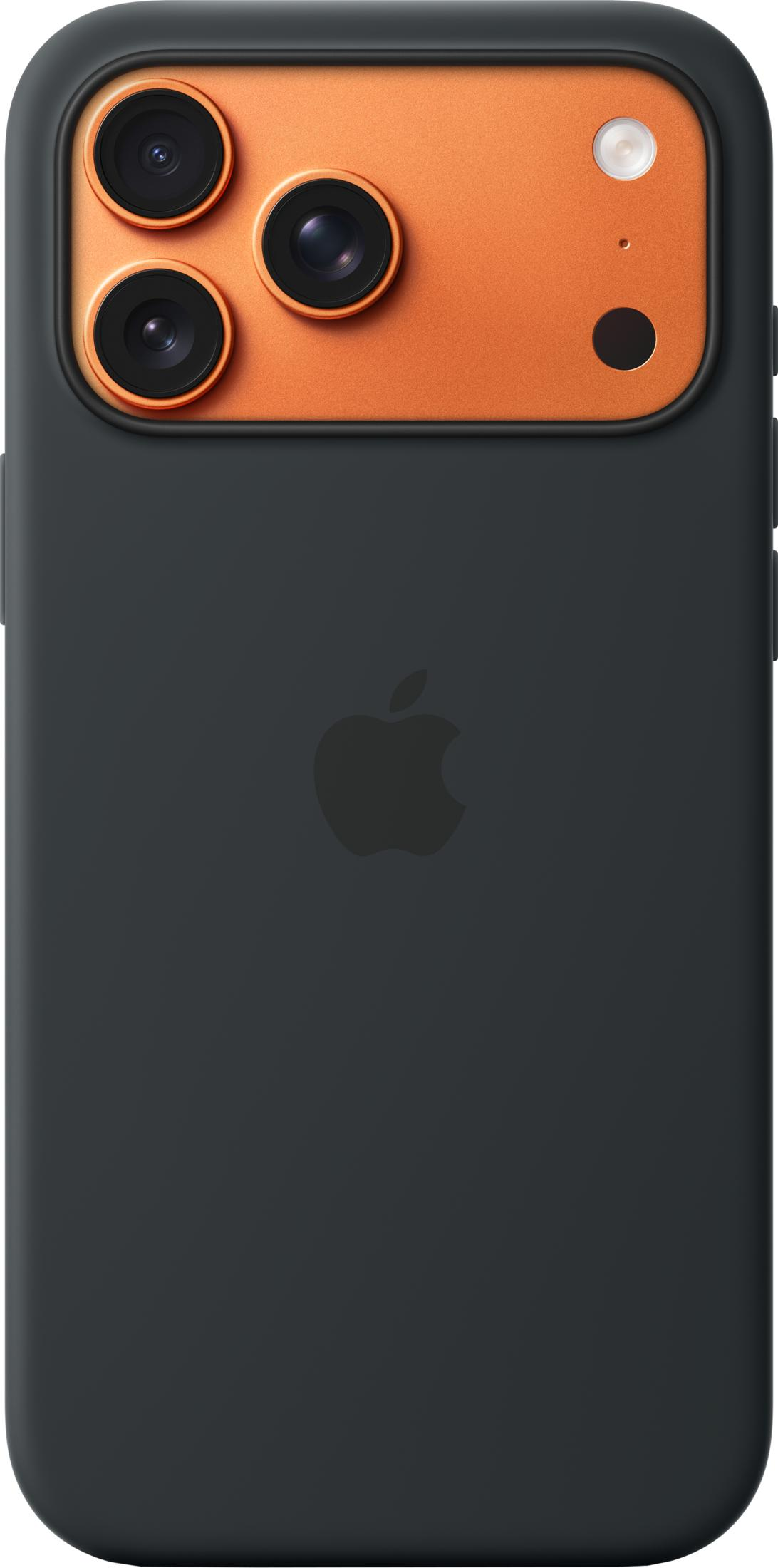 Dark gray phone with triple camera and orange back panel.