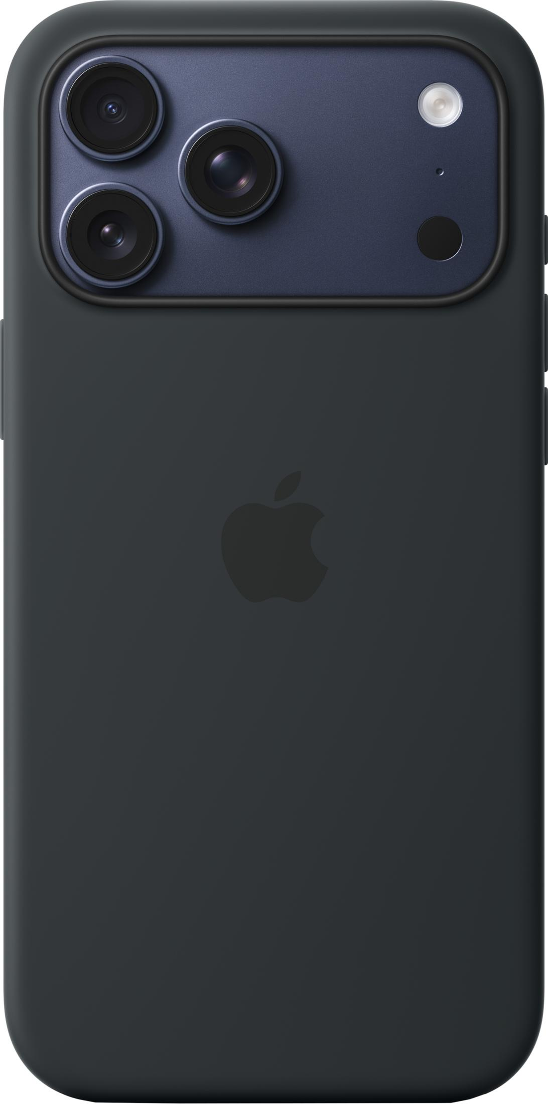 Dark gray iPhone with three camera lenses and Apple logo.