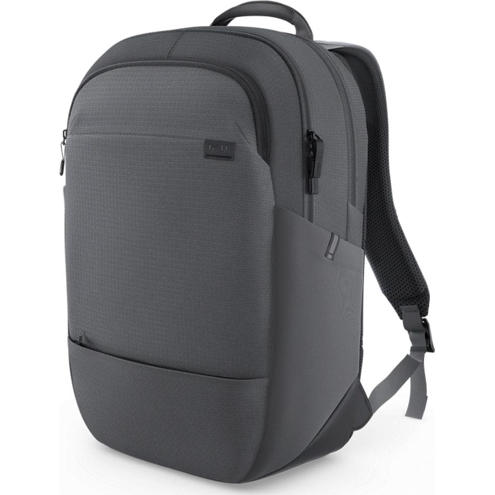 Mochila gris con correas acolchadas y logo de Dell.