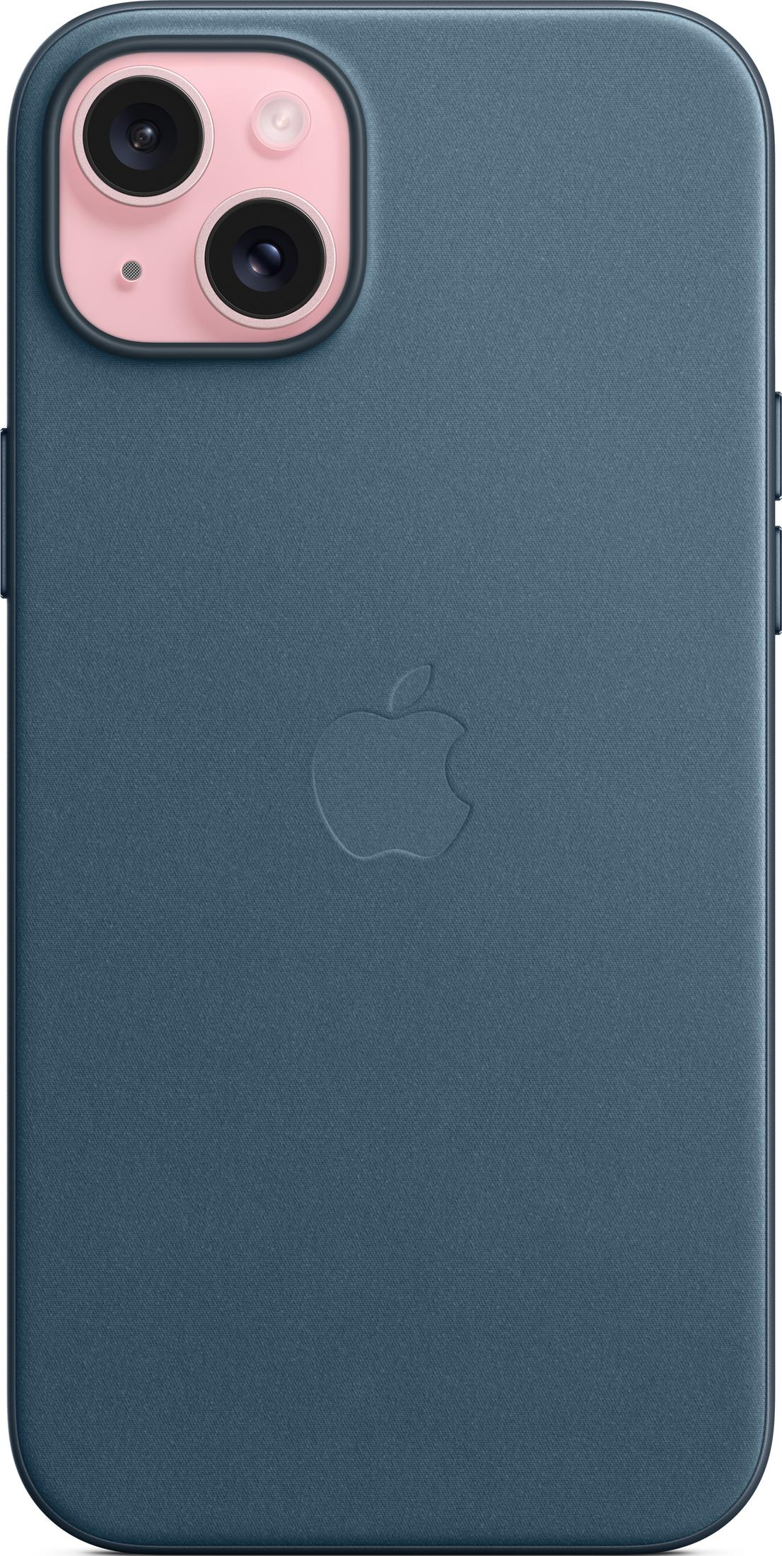 Blauwe iPhone hoes met Apple logo en camerabehuizing.