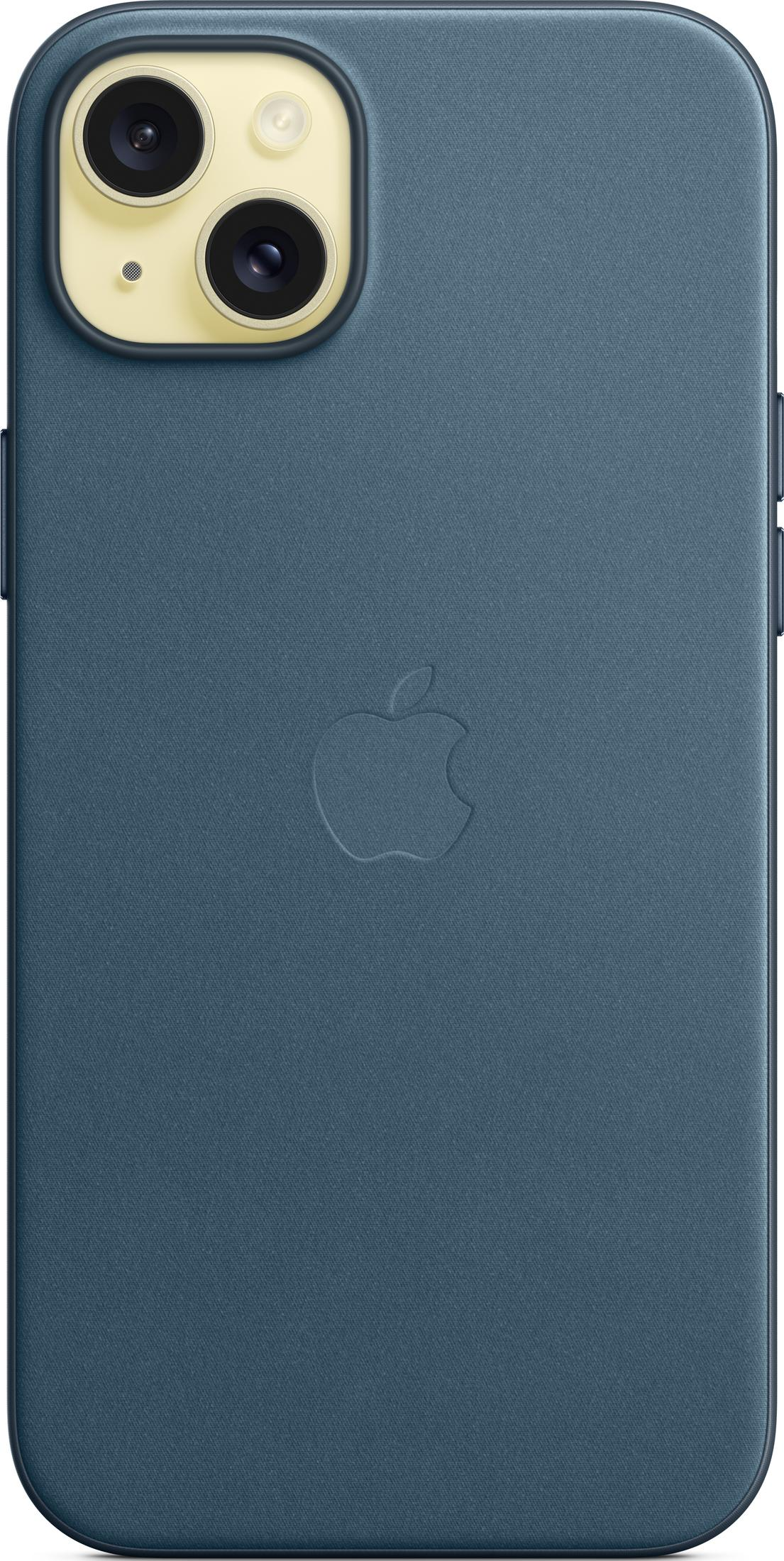 Blauw telefoonhoesje met Apple-logo en camera-uitsparing.