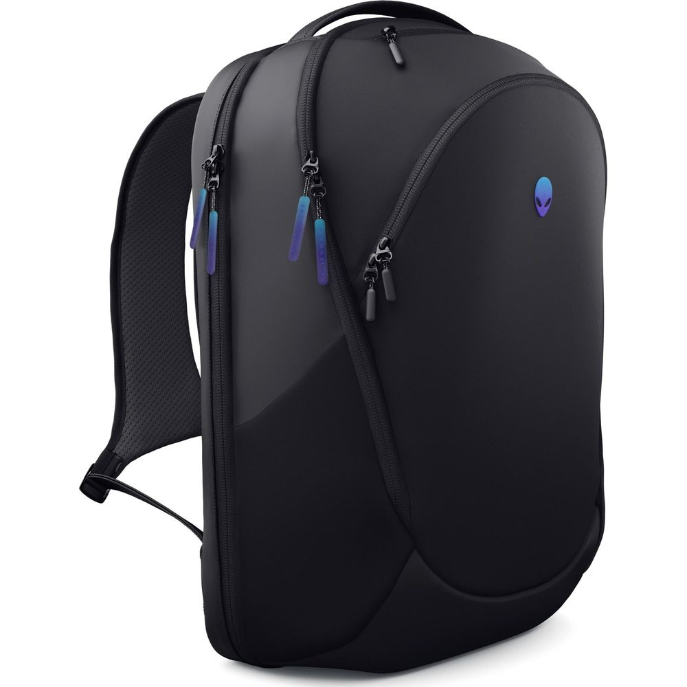 Zaino nero con logo Alien, cerniere e tiretti blu.