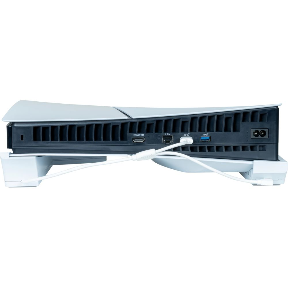 Tył białej konsoli do gier z portami: HDMI, LAN, USB i zasilania.