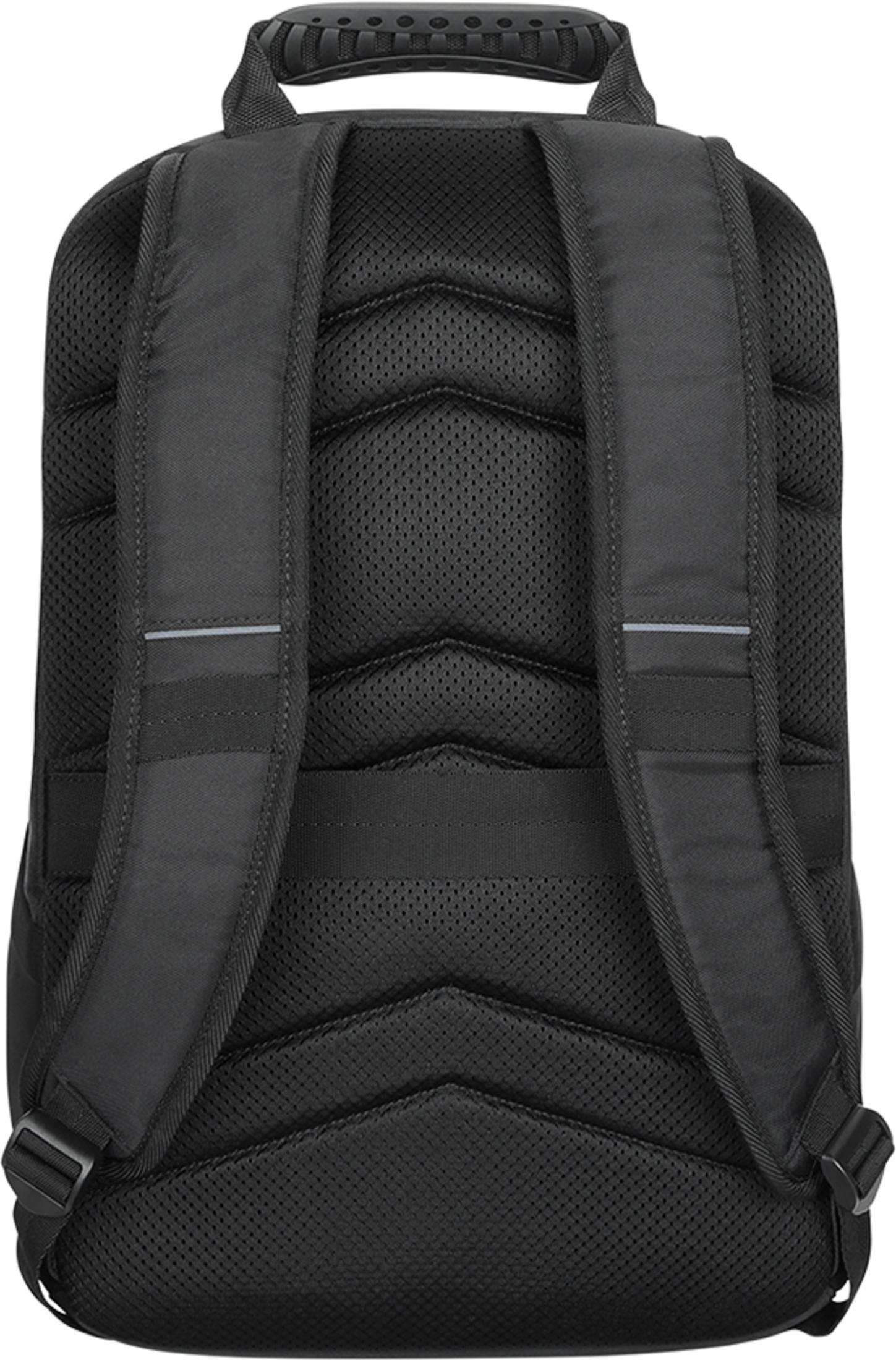 Schwarzer Rucksack mit gepolsterten Schultergurten und Netzrücken.