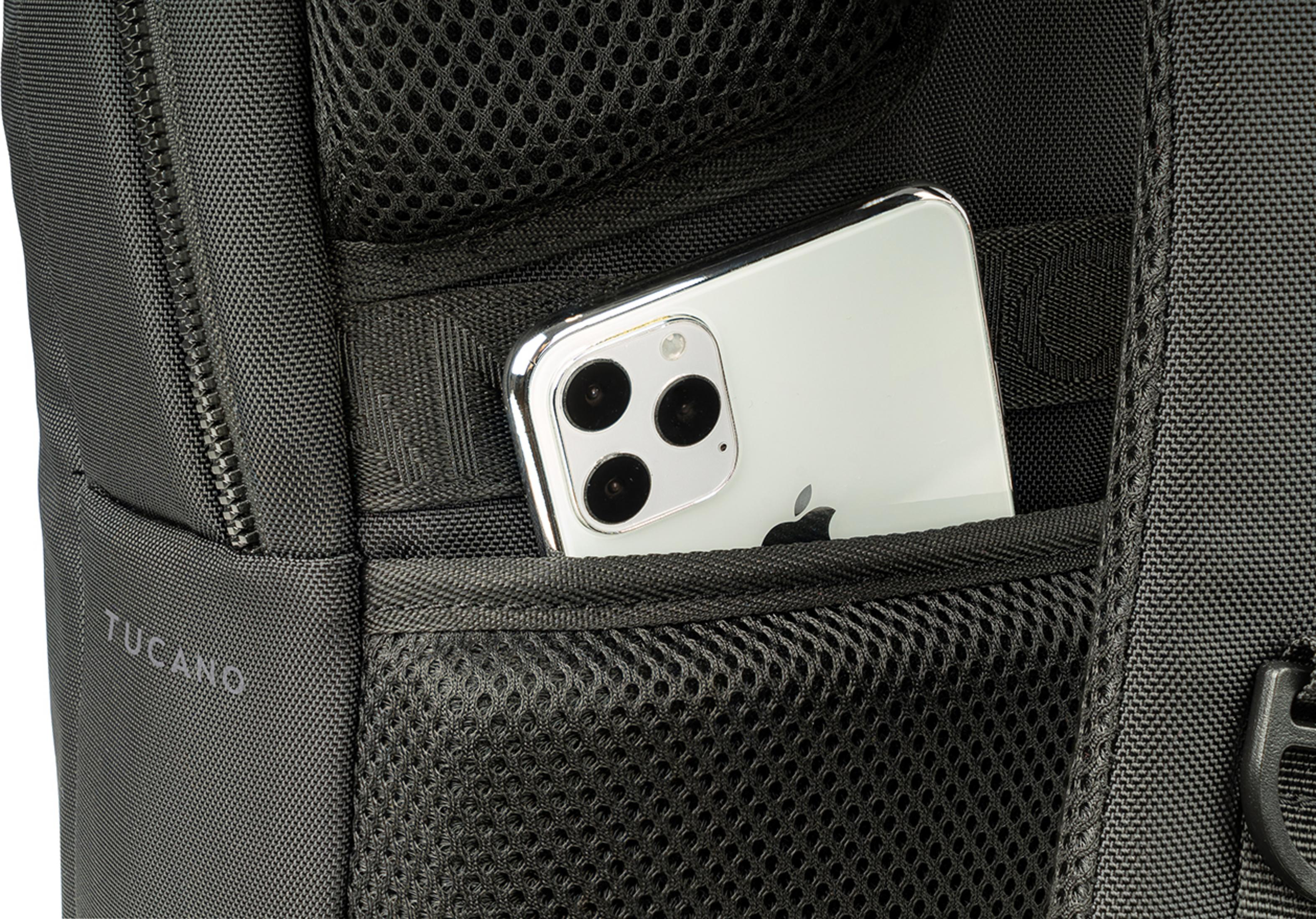 Ein Smartphone steckt in einer schwarzen Tasche einer Laptoptasche.