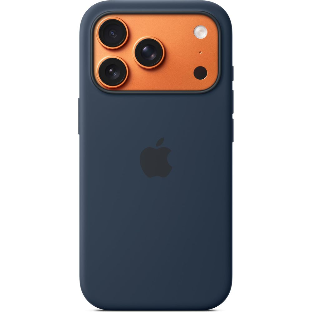 Custodia blu scuro per iPhone con inserto fotocamera arancione e logo Apple.