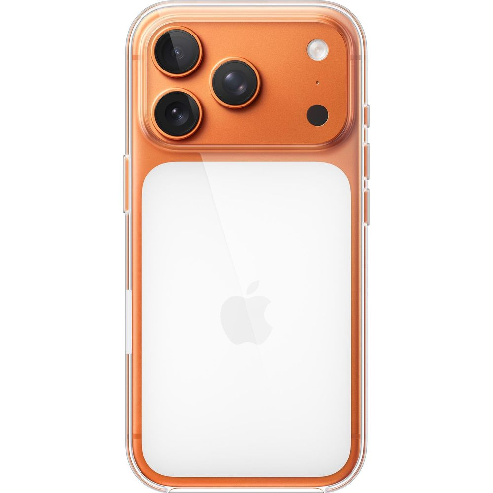 Custodia arancione per iPhone con tre fotocamere e logo mela.