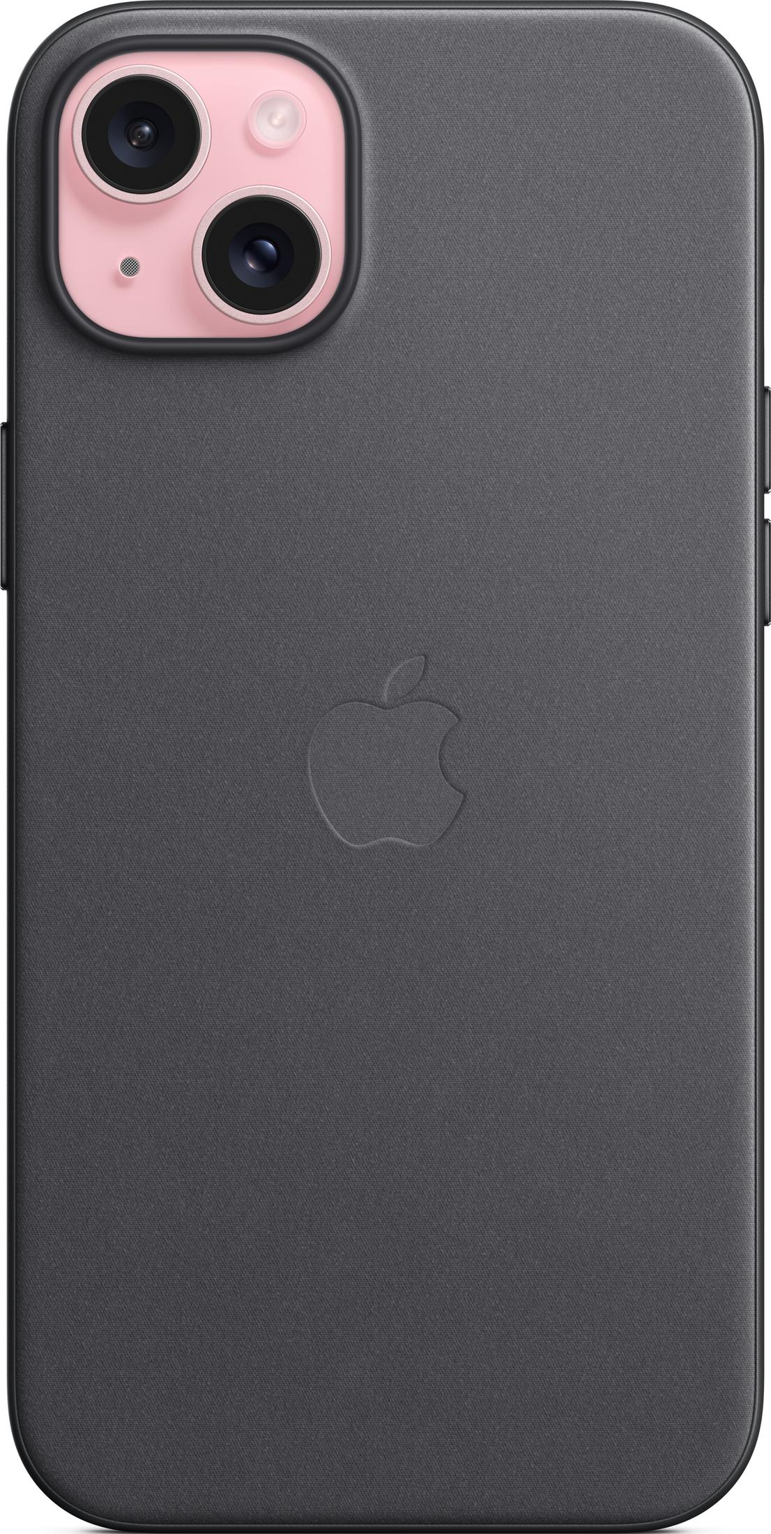 Donkergrijs hoesje met Apple logo en camera-uitsparing.