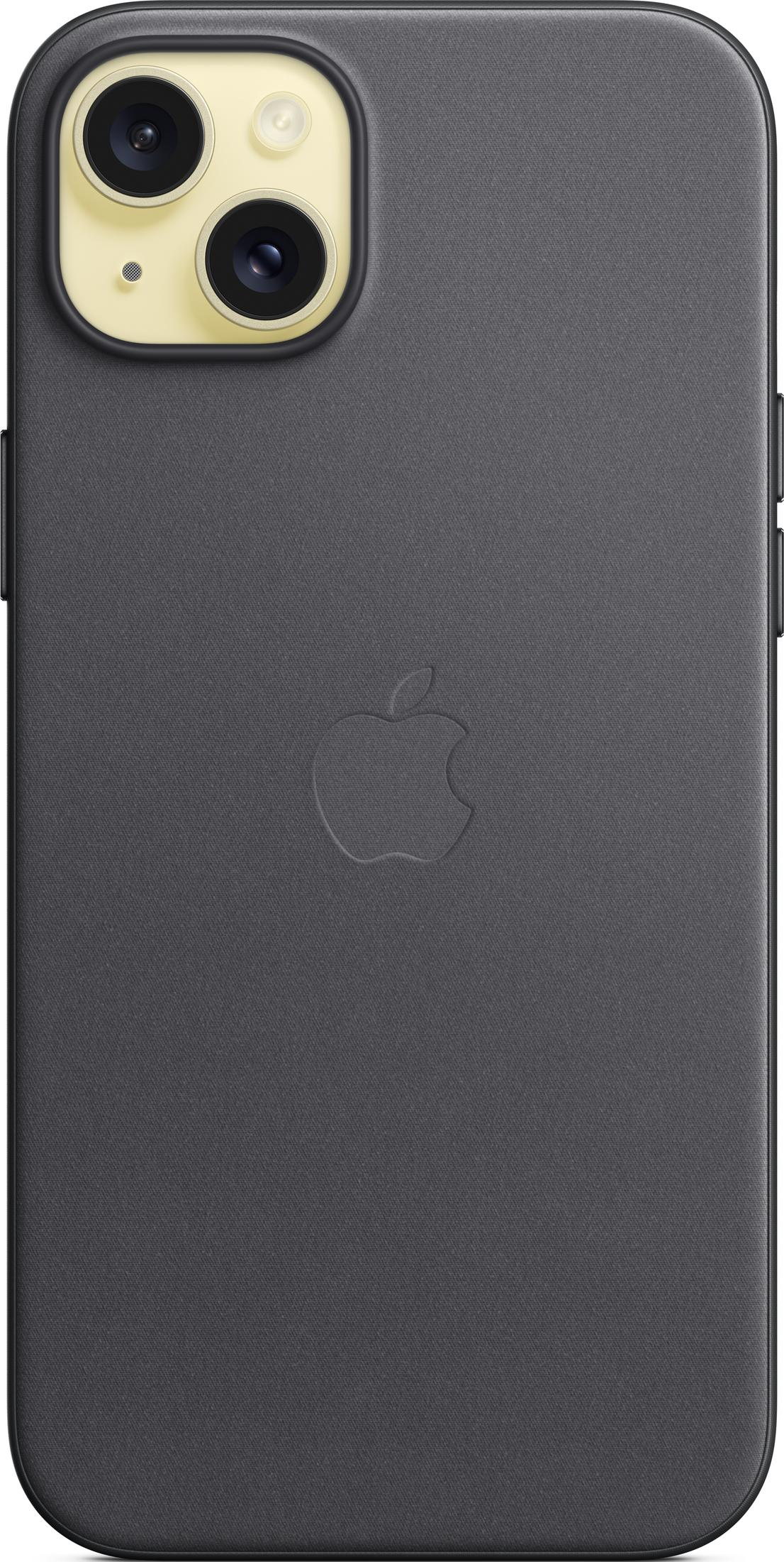 Donkergrijs telefoonhoesje met Apple-logo en camera-uitsparing.