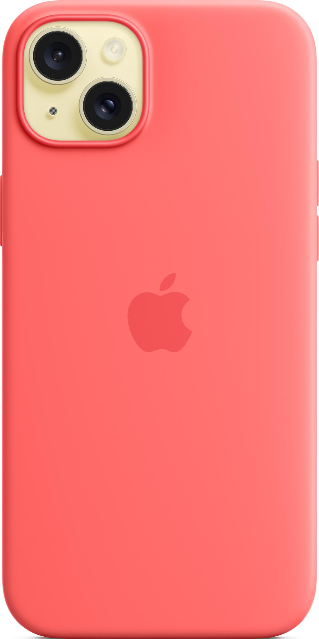 Koralowoczerwone etui na iPhone z logo Apple i wycięciem na aparat.