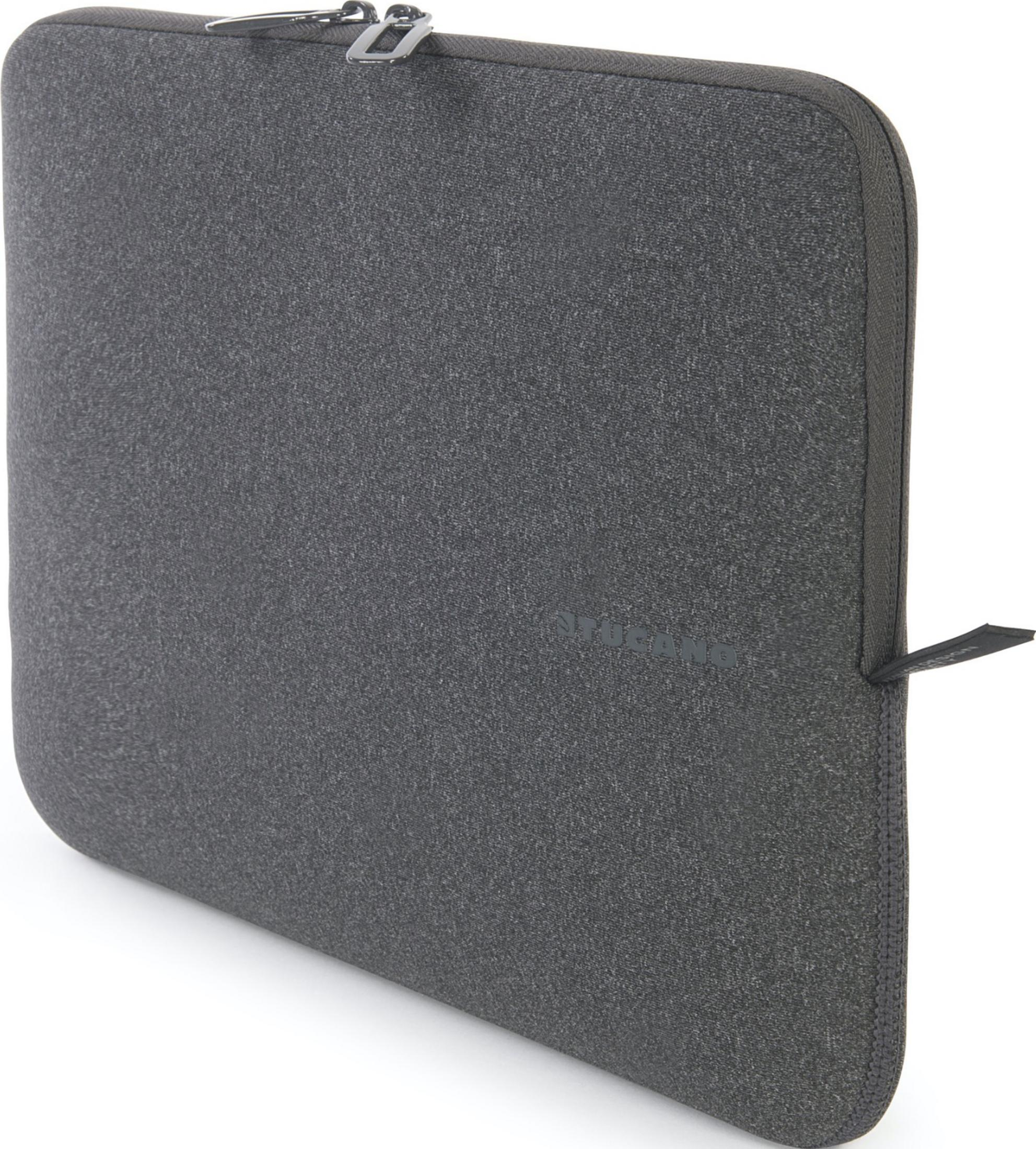 Custodia grigia scura per laptop con cerniera e logo.