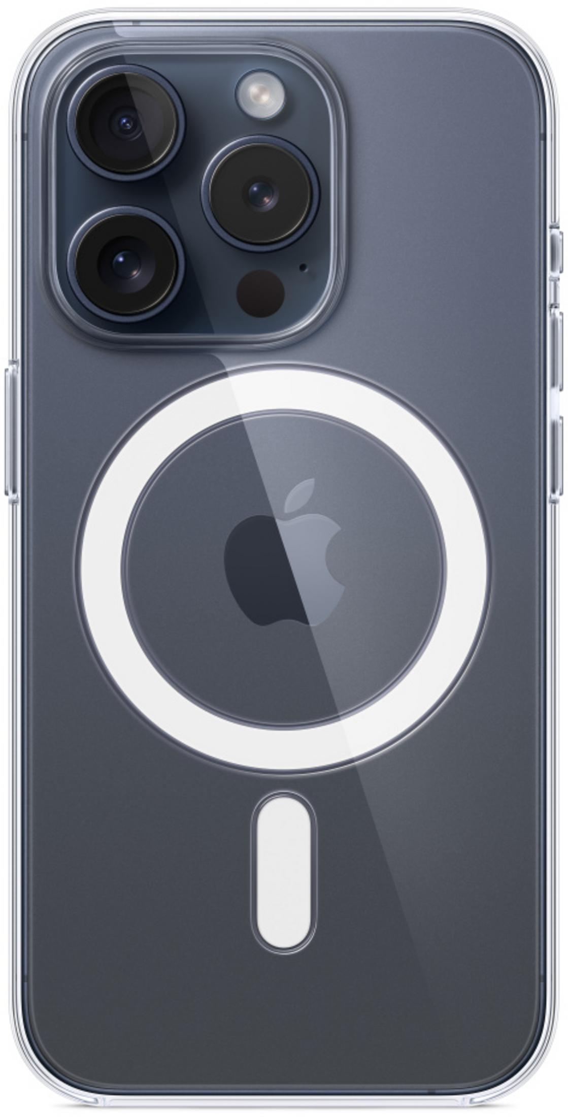 Transparante hoes toont iPhone met drie camera's en Apple-logo.