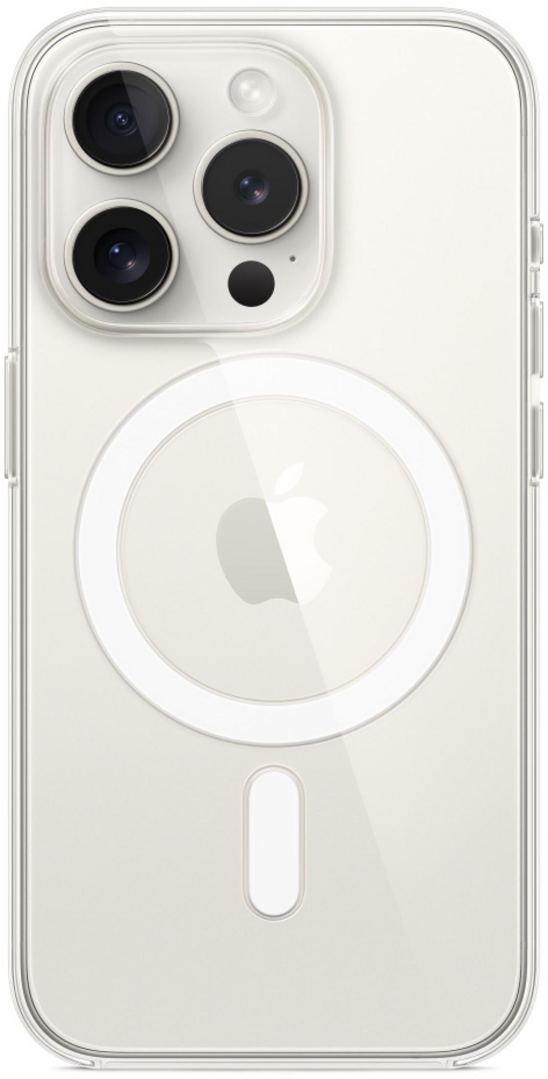 Transparante telefoonhoes met drie camera's en Apple-logo.